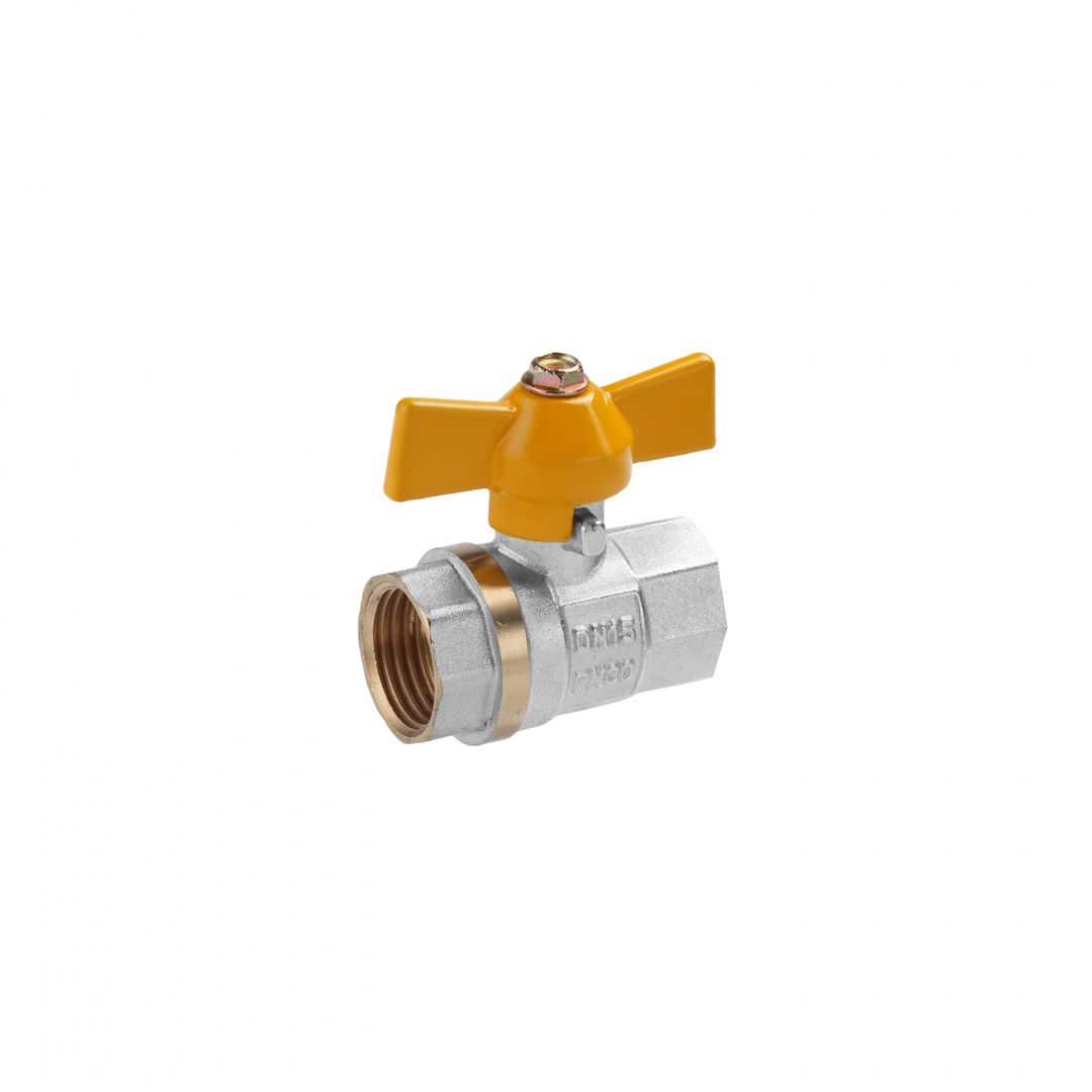 Кран кульовий для газу Valves 1/2" ВВ PN30 жовтий метелик, нікельований