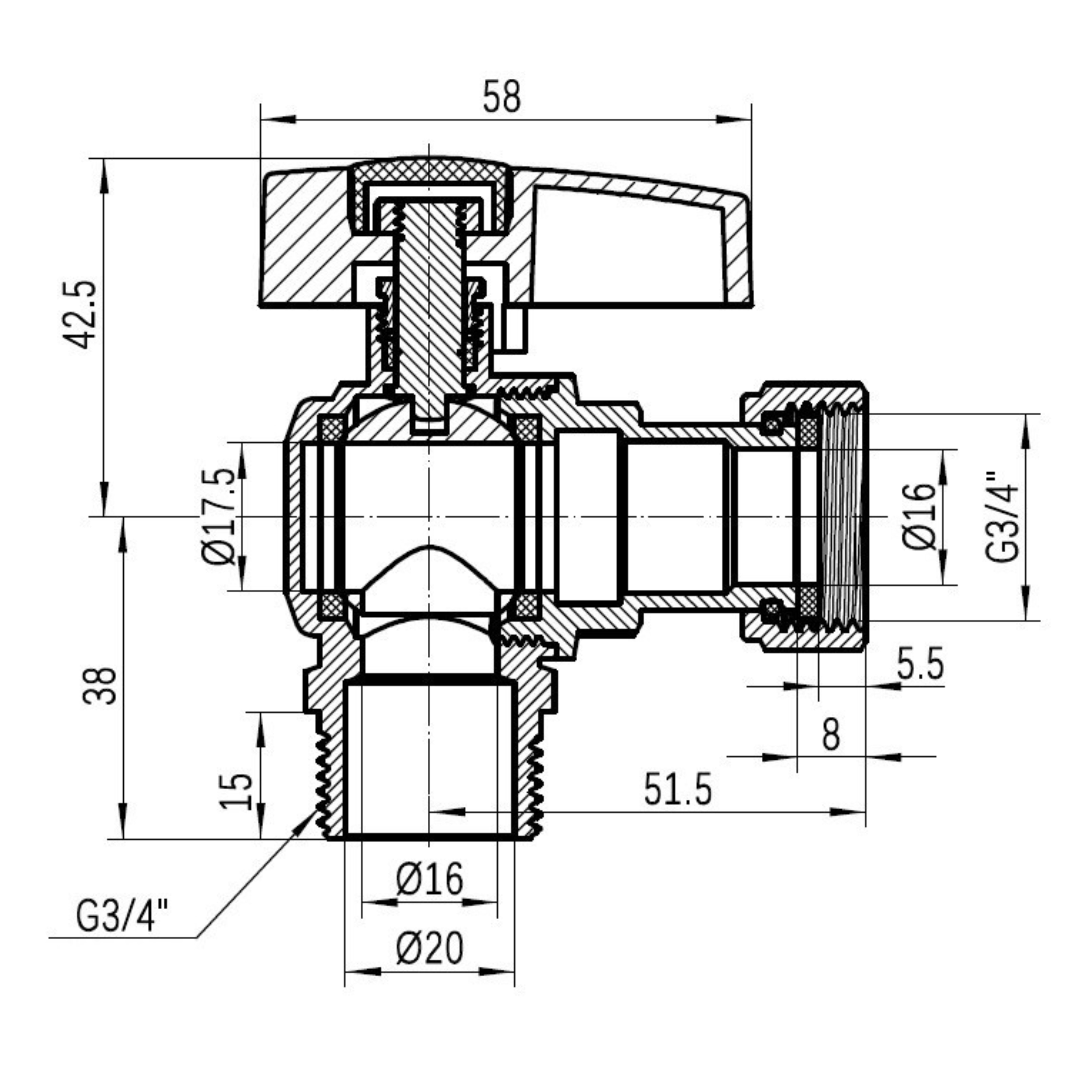 Кран кульовий Thermo Alliance Standart 3/4"ВЗ кутовий, PN40, з накидною гайкою TAS224W20