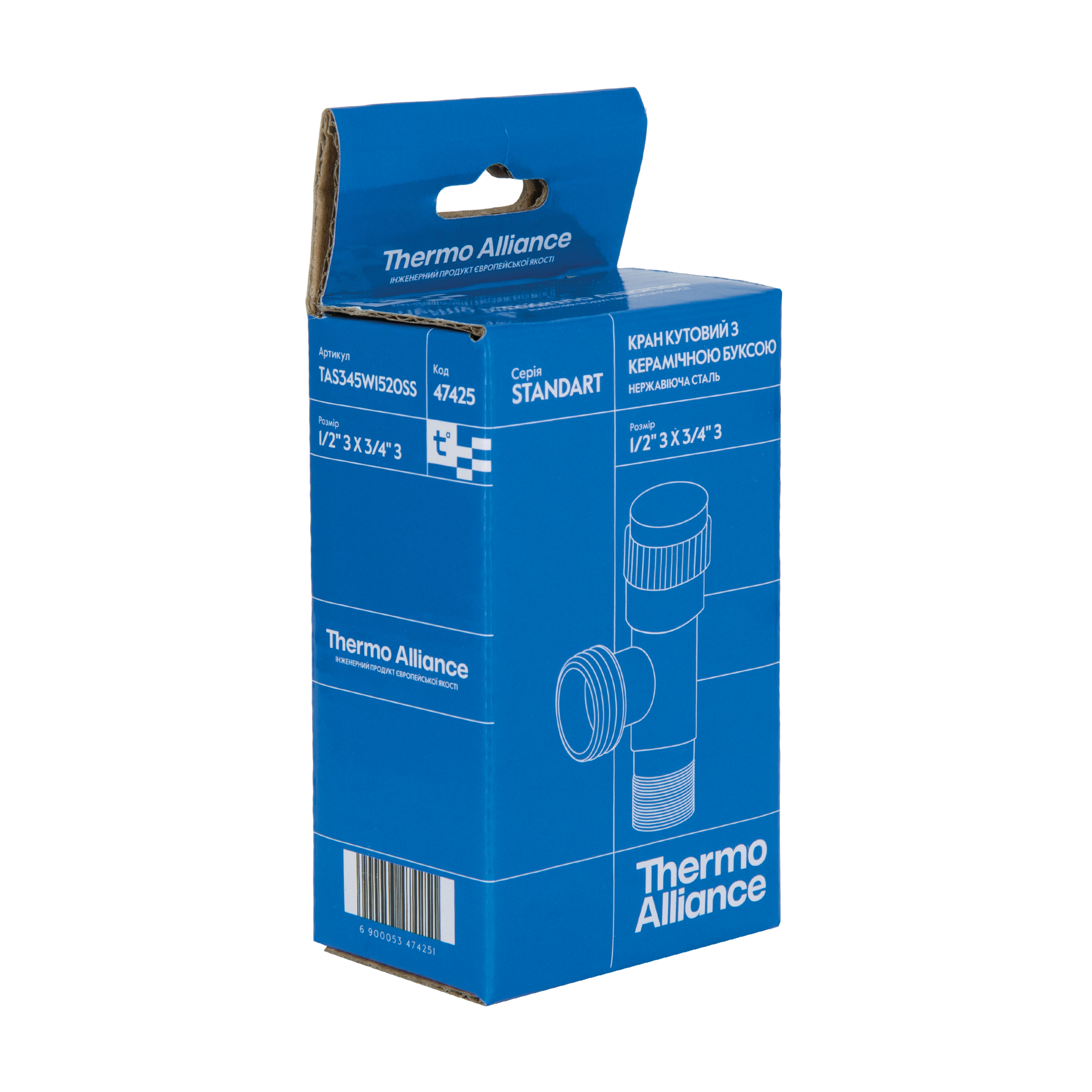 Кран кутовий Thermo Alliance Standart 1/2"Зх3/4"З нерж., з керам. буксою TAS345W1520SS