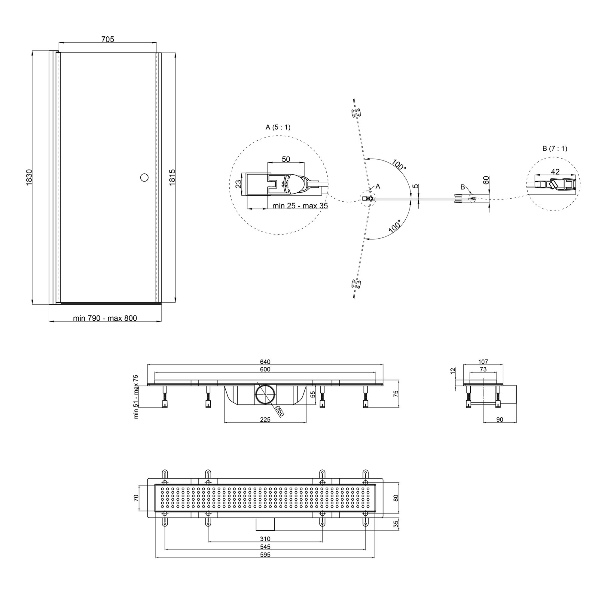 Набор Qtap дверь в нишу Presto CRM208.P5 80х185 см, стекло Pear 5 мм + трап линейный Dry FB304-600 линейный с сухим затвором и нержавеющей решеткой 600х73 мм