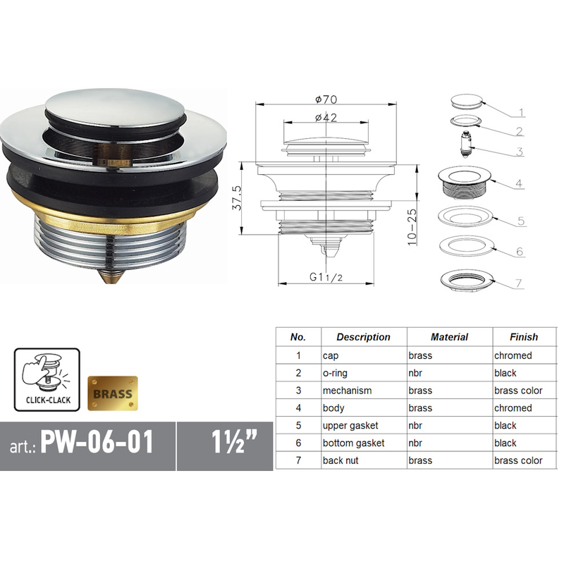 Донний клапан для ванни KOER PW-06-01 автоматичний (Click-Clack) (Колір хром) 1 1/2'' (KR5799)