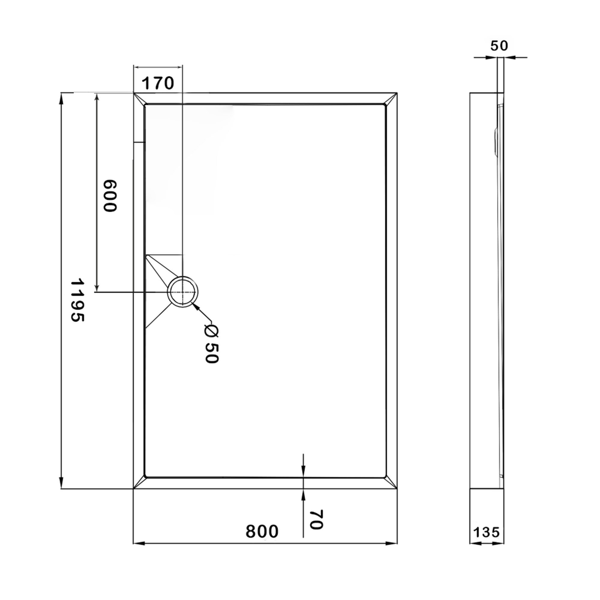 Душовий піддон KAPIELKA ST120x80х14 низький, прямокутний, діаметр зливу 52 мм Lidz
