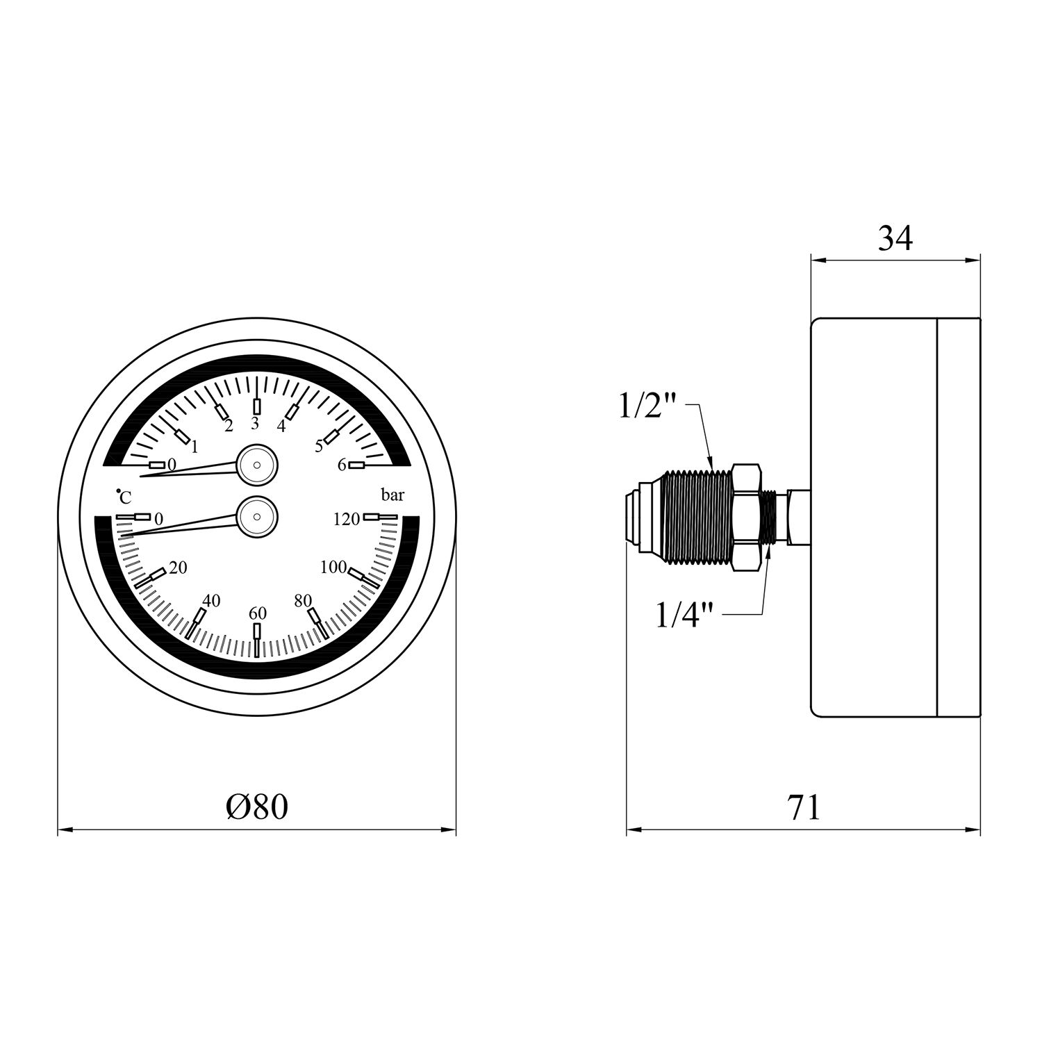 Термоманометр Karro 1/2"х1/4" 80 мм горизонтальний KR-1086