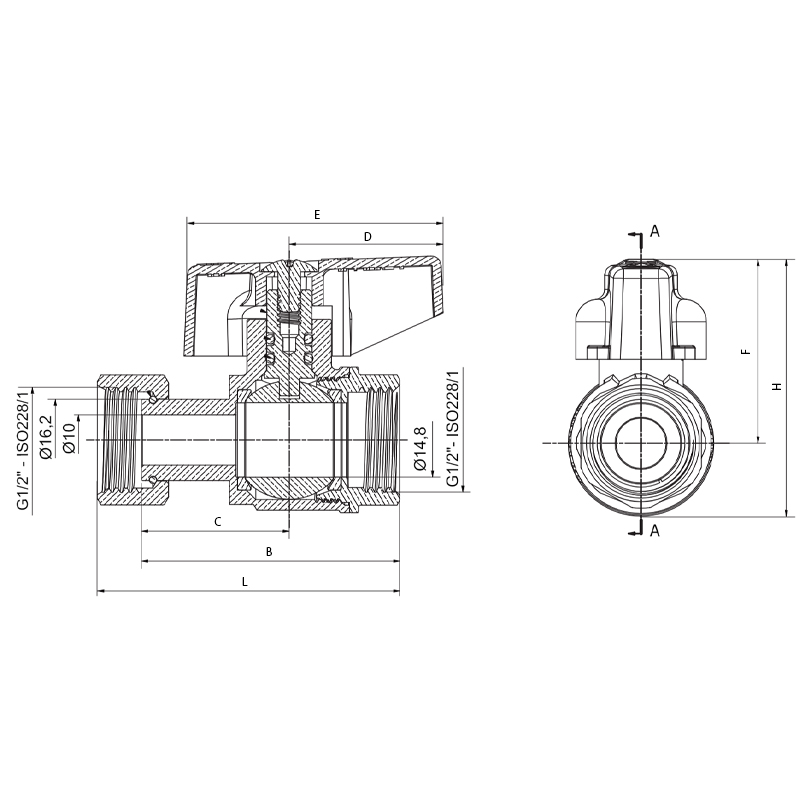 Кран кульовий Roho R115-050 -1/2"х1/2" ВВ прямий Н/Г, ручка "метелик" червона (RO0231)