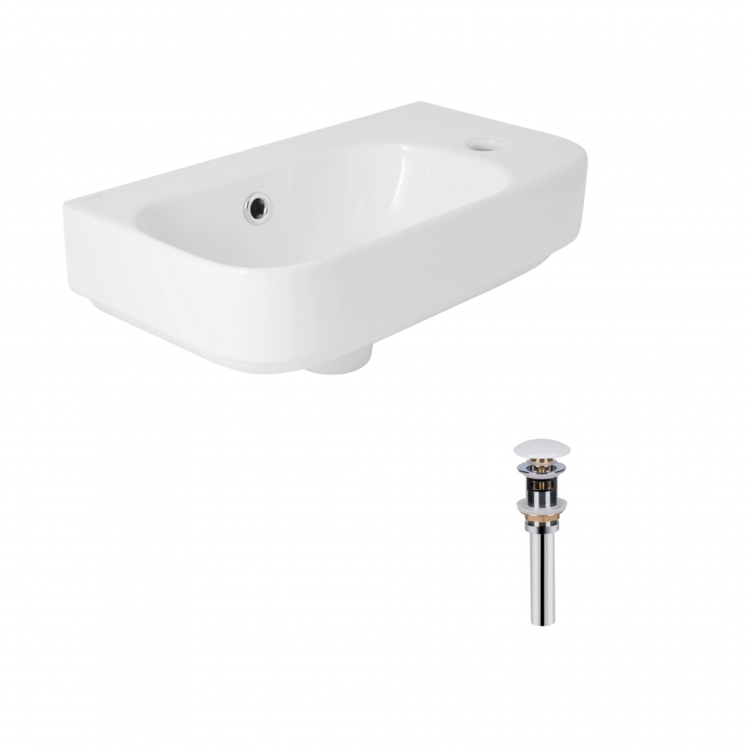 Комплект Qtap Tern: Раковина підвісна прамокутна права 450х250х158 мм White + Донний клапан PU02O