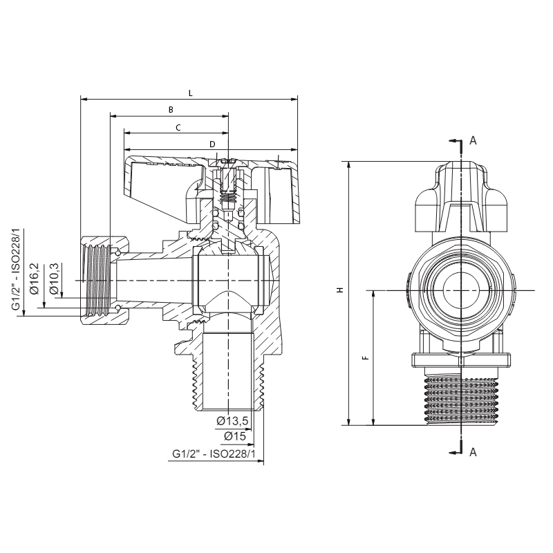 Кран кульовий кутовий Н/Г Roho R116-050B -1/2"х1/2" ВЗ, ручка "метелик" чорна  (RO0236)