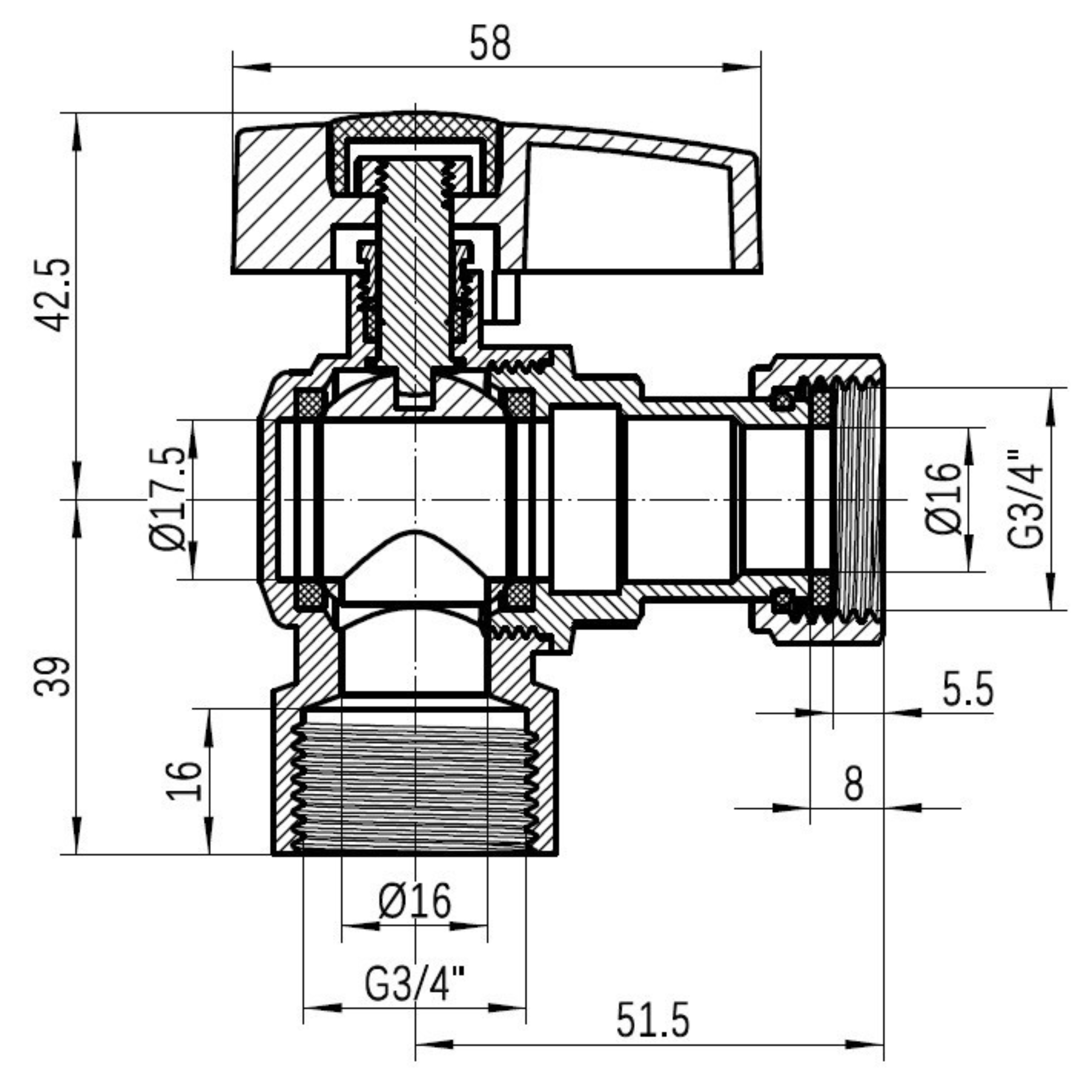 Кран кульовий Thermo Alliance Standart 3/4"ВВ кутовий, PN40, з накидною гайкою TAS223W20