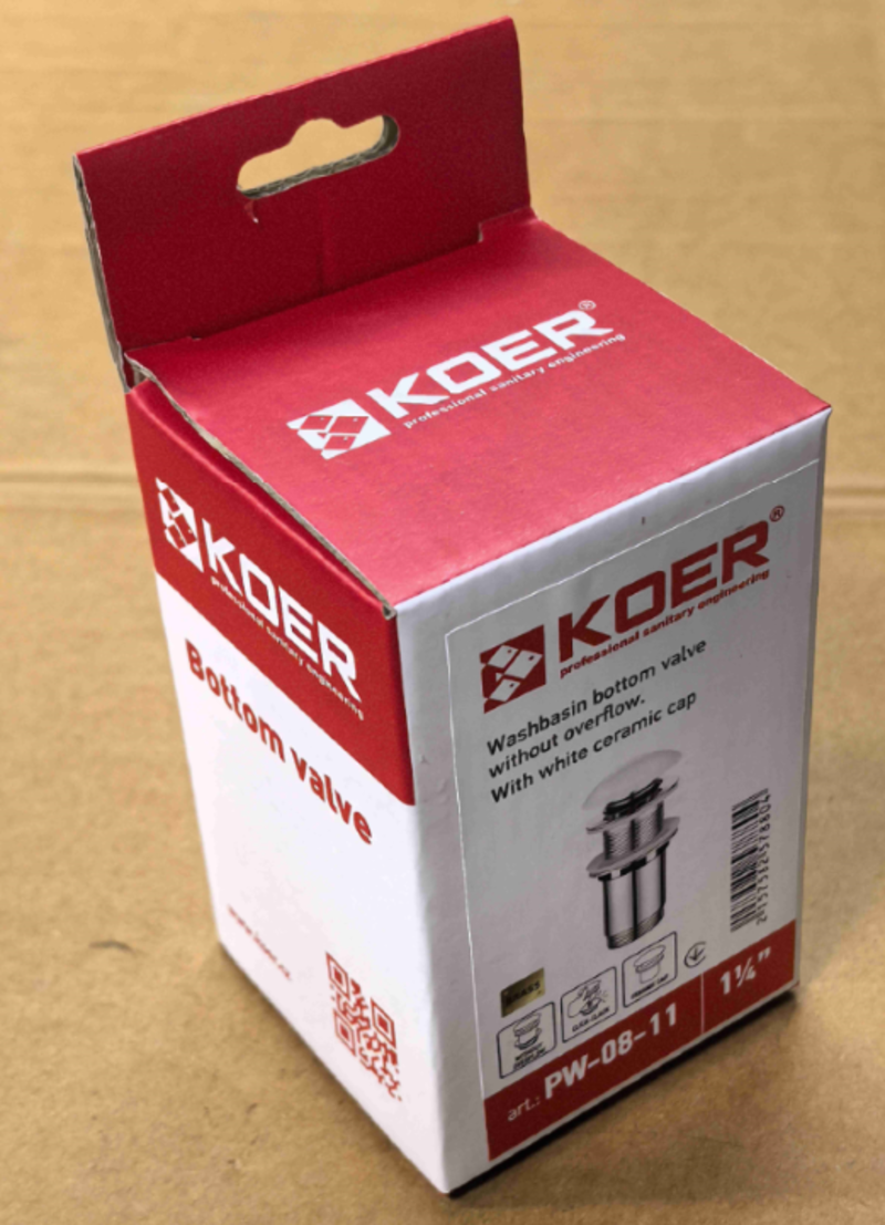 Донний клапан для раковини без переливу KOER PW-08-11 автоматичний (Click-Clack) (Біла керамічна накладка) 1 1/4'' (KR5788)