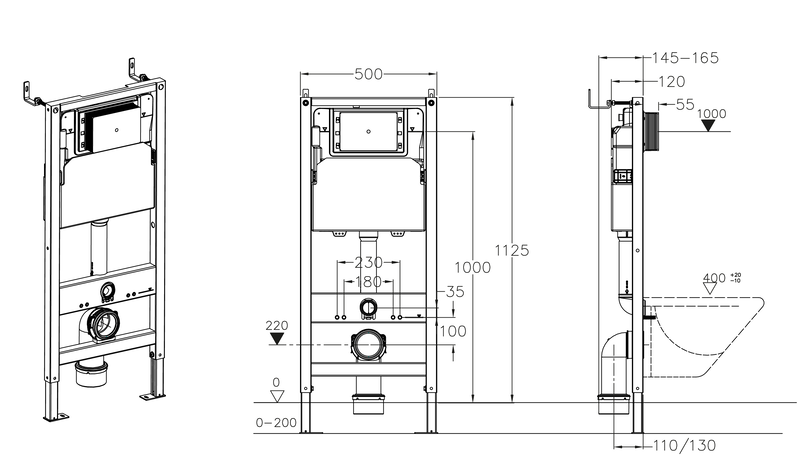 Інсталяція для підвісного унітазу KOER KT-0501-01 500x165x1125mm з панеллю змиву KT-0601-01 хром (KR5168)