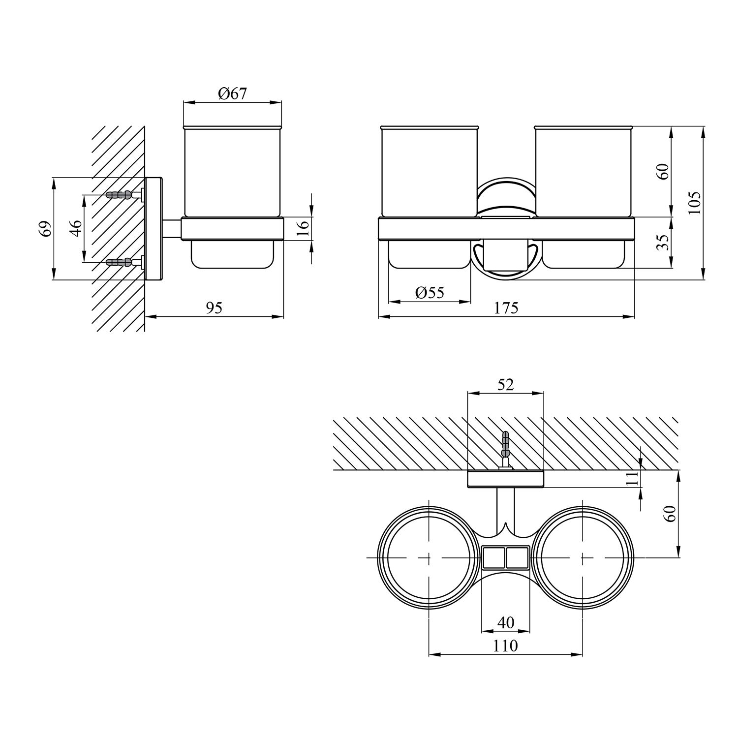 Склянка подвійна з тримачем зубних щіток для ванної кімнати Kroner KRM Elbe - ACG2908