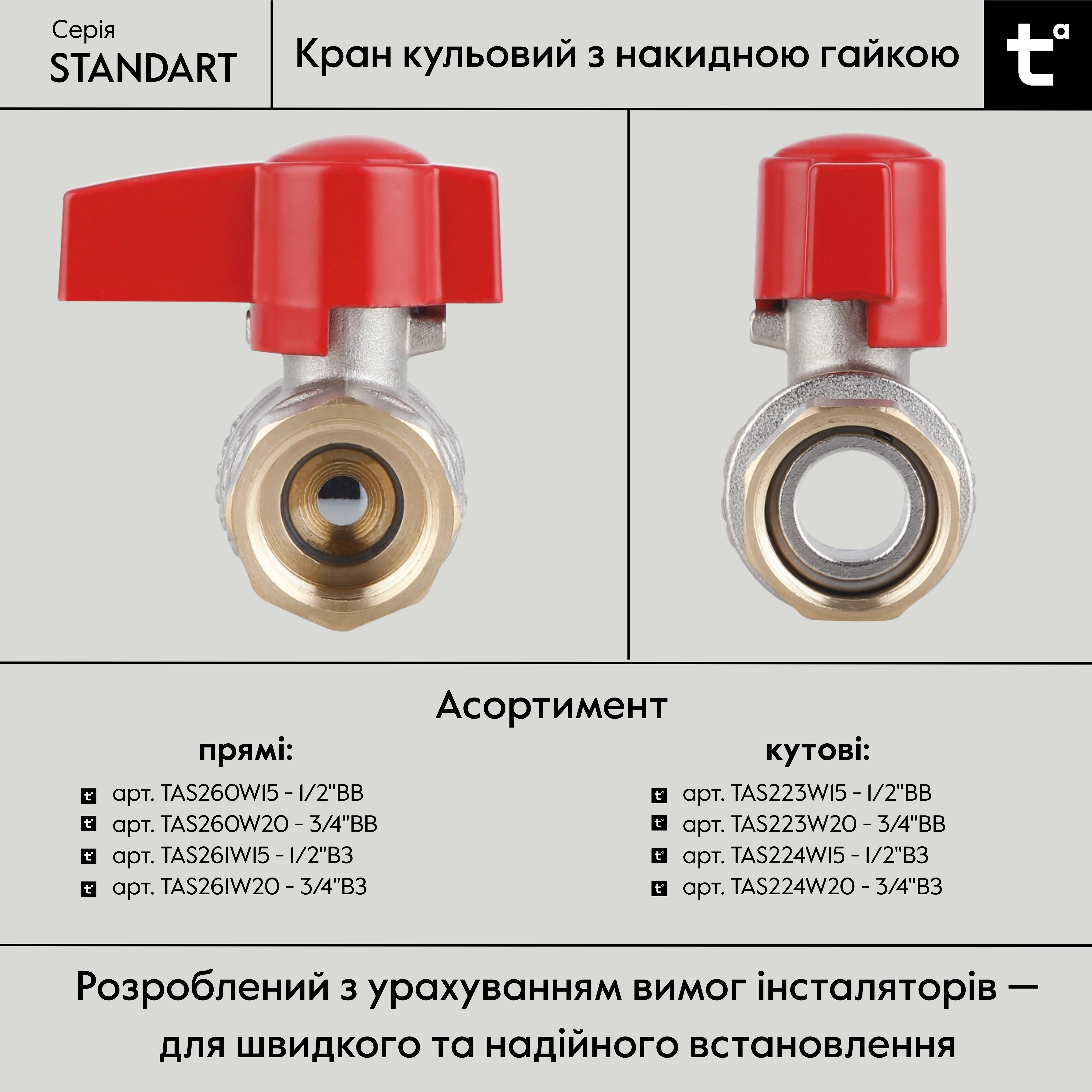 Кран кульовий Thermo Alliance Standart 3/4"ВВ прямий, PN40,з накидною гайкою TAS260W20