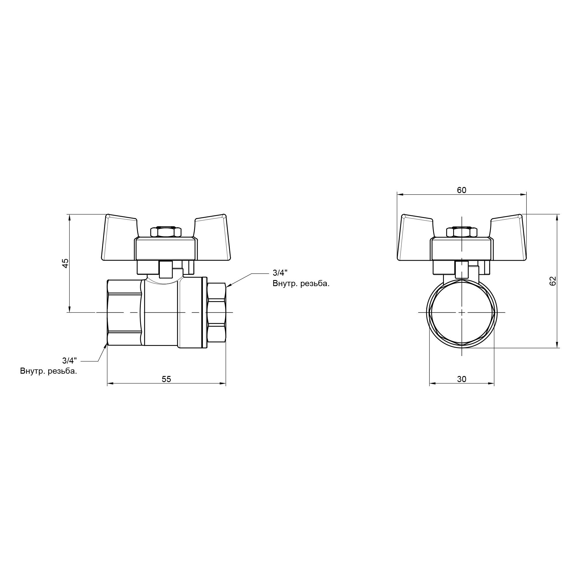 Кран кульовий Thermo Alliance Standart 3/4" ВР для води (метелик) SD602NW20PN40