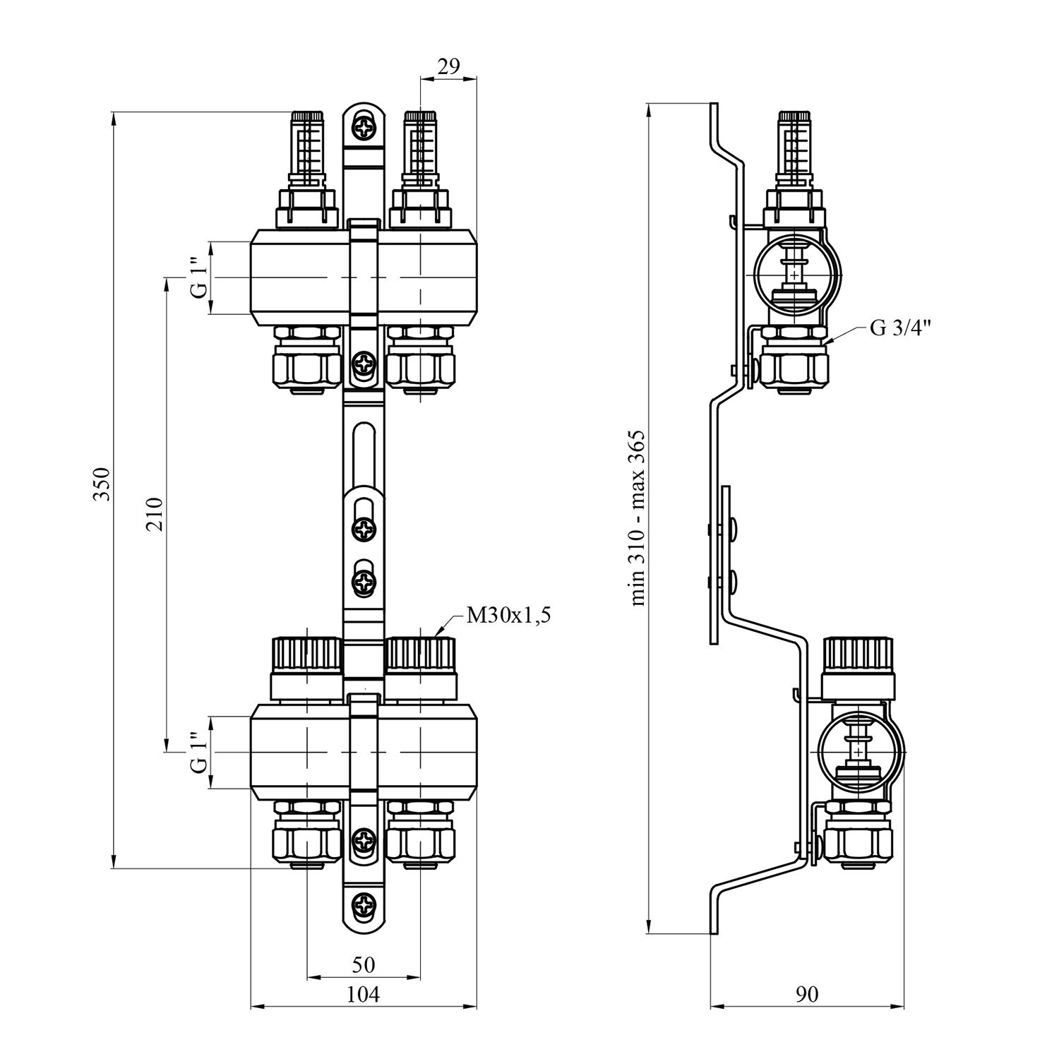 Колектор в зборі STA на 2 виходи 1"х3/4" з євроконусами, латунний