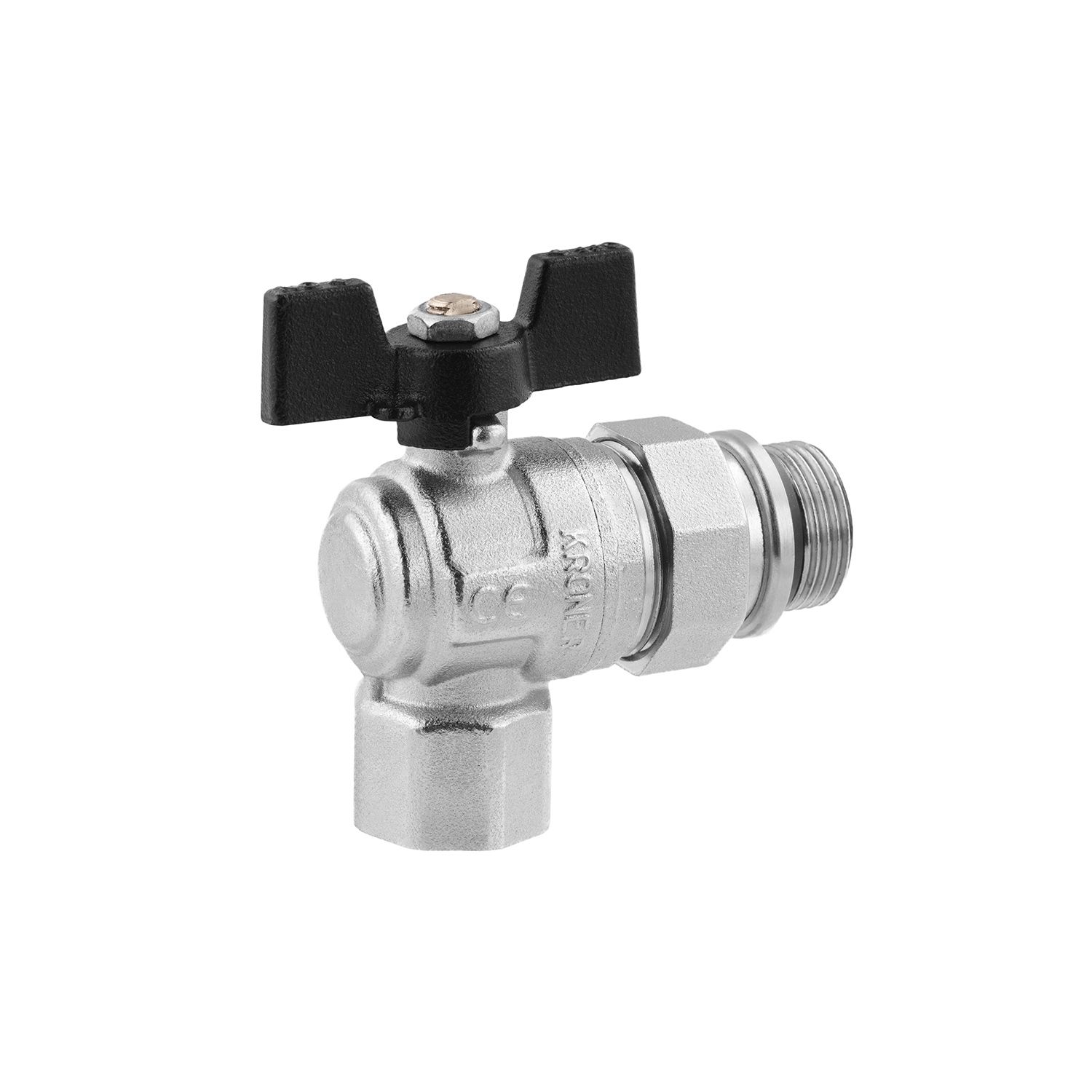Кран-американка кульовий кутовий Kroner 3/4" ВЗ PN40 метелик, нікельований