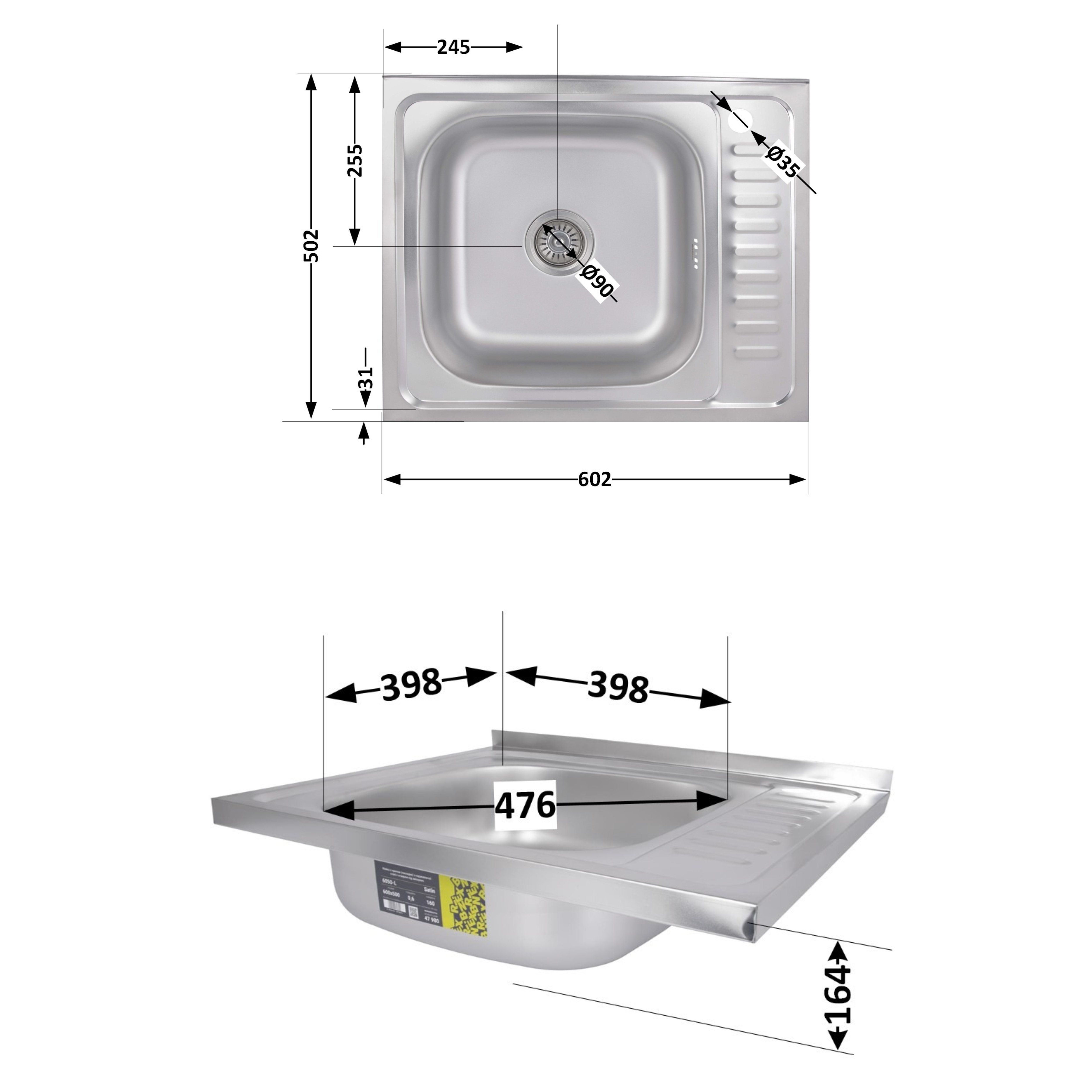 Кухонна мийка Brinex 6050-L 0,6 мм Satin (BRIN6050LSAT06)