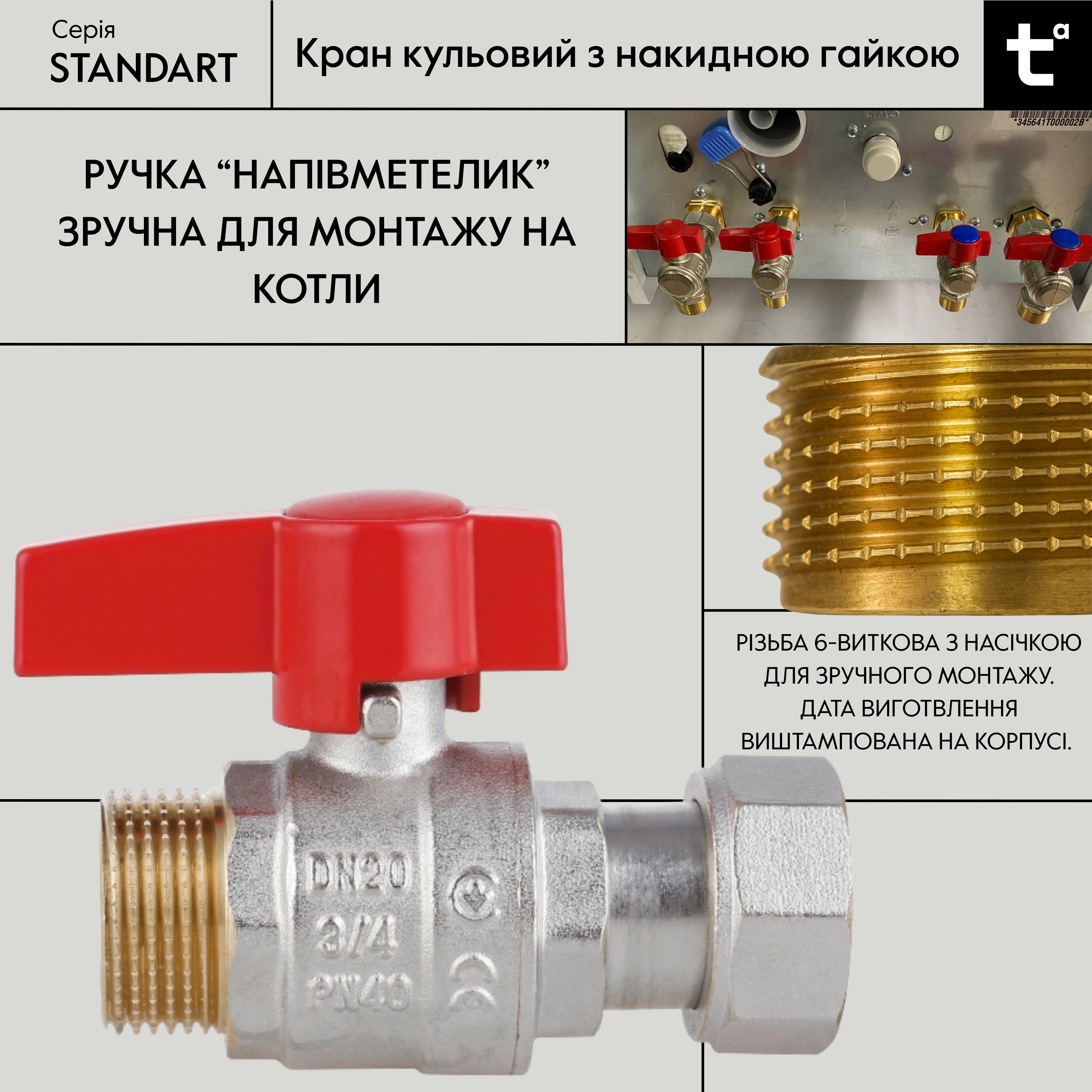 Кран кульовий Thermo Alliance Standart 3/4"ВЗ прямий, PN40, з накидною гайкою TAS261W20