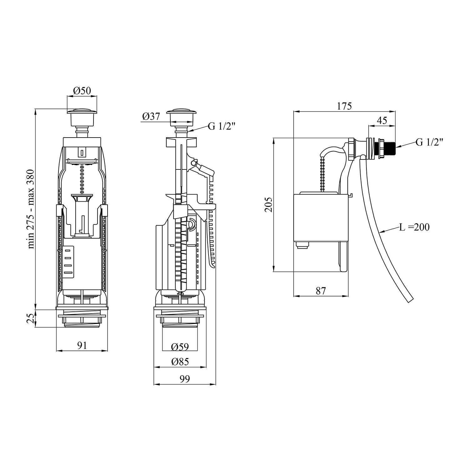 Комплект для бачка унітаза Kroner KRP - KIT7754 з подвійною кнопкою, бокове підведення 1/2"