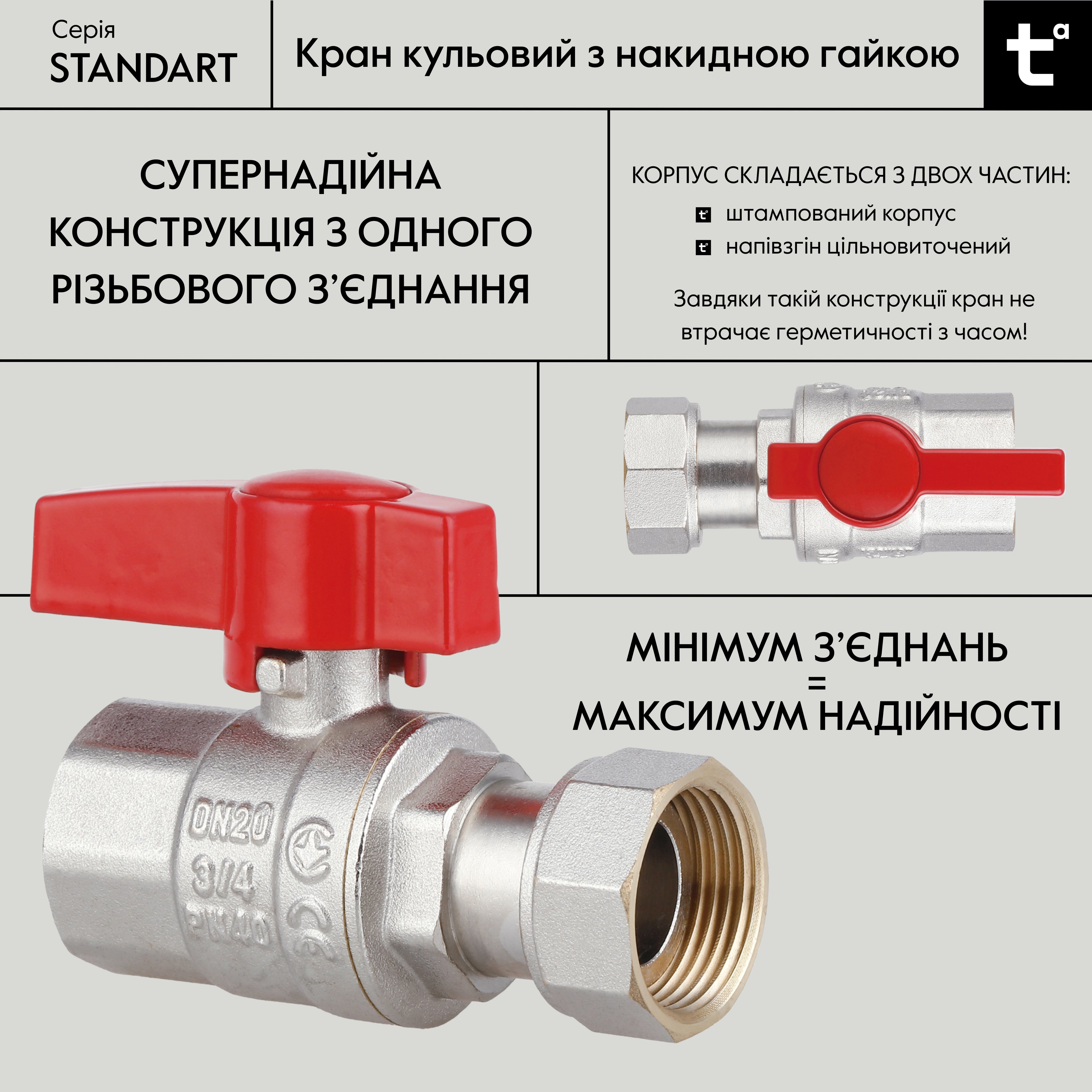 Кран кульовий Thermo Alliance Standart 3/4"ВВ прямий, PN40,з накидною гайкою TAS260W20
