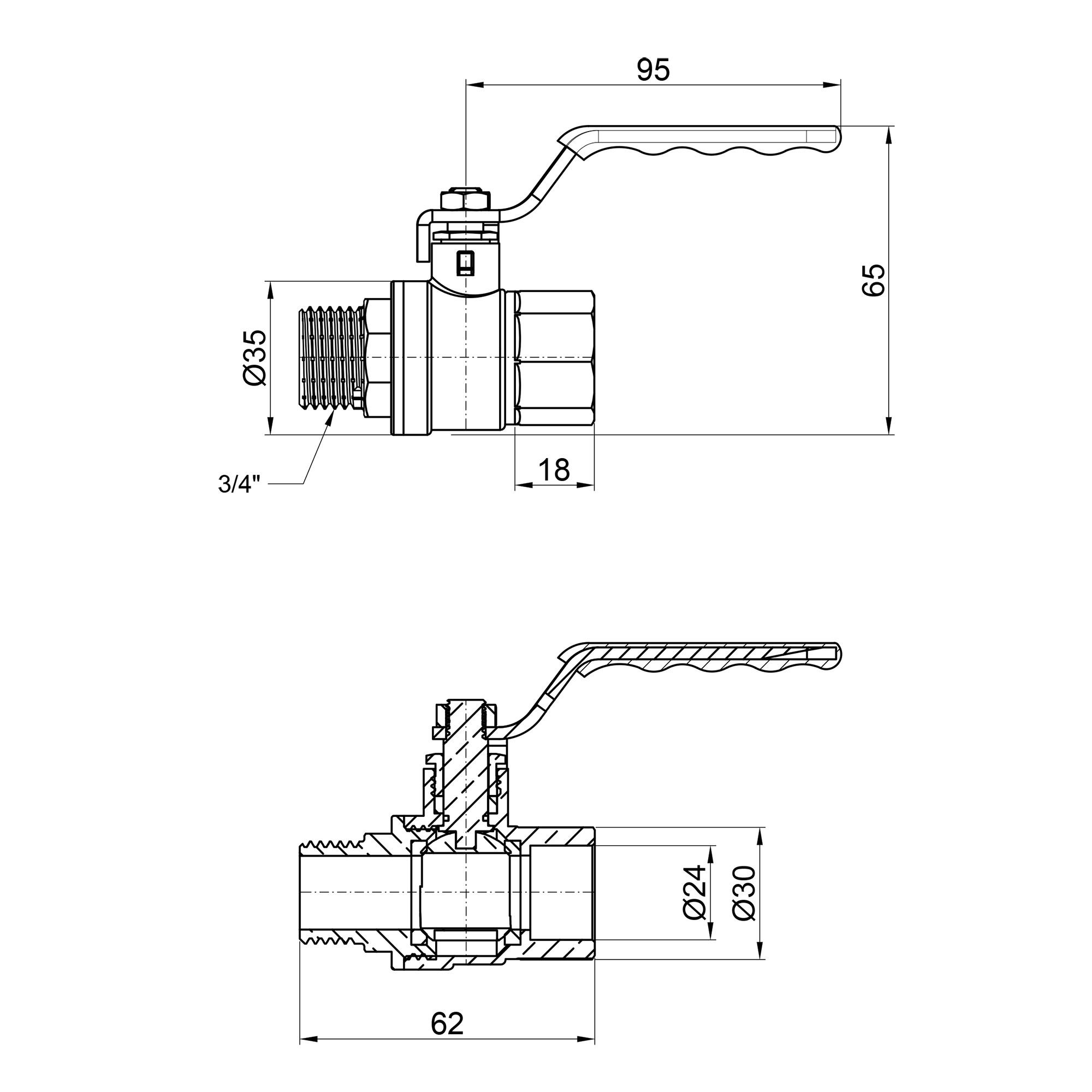 Кран кульовий Thermo Alliance Standart 3/4" ВЗ для води (важіль) SD605NW20PN40