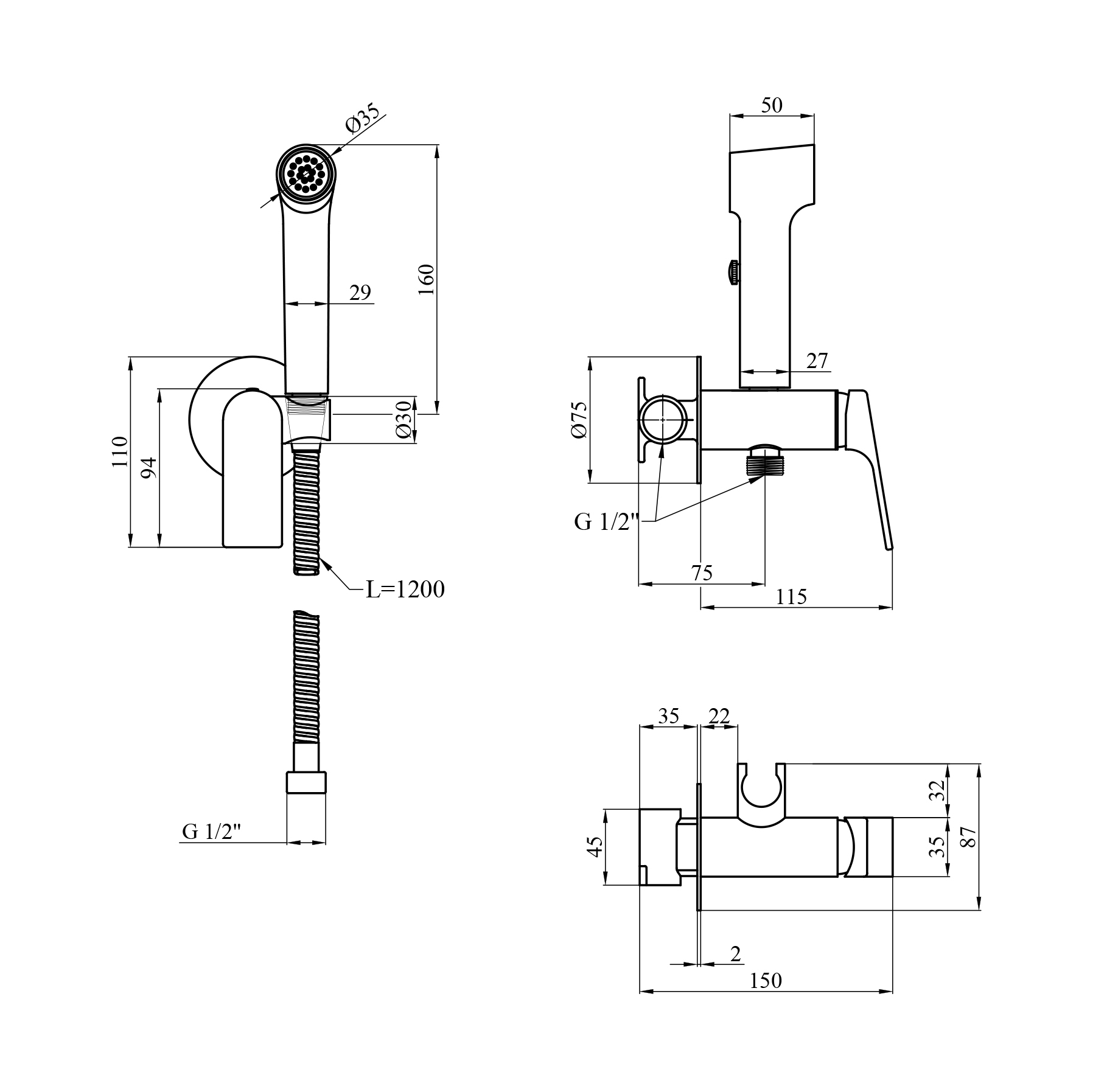 Набір для гігієнічного душу прихованого монтажу зі змішувачем Kroner KRP Graz - GRP082
