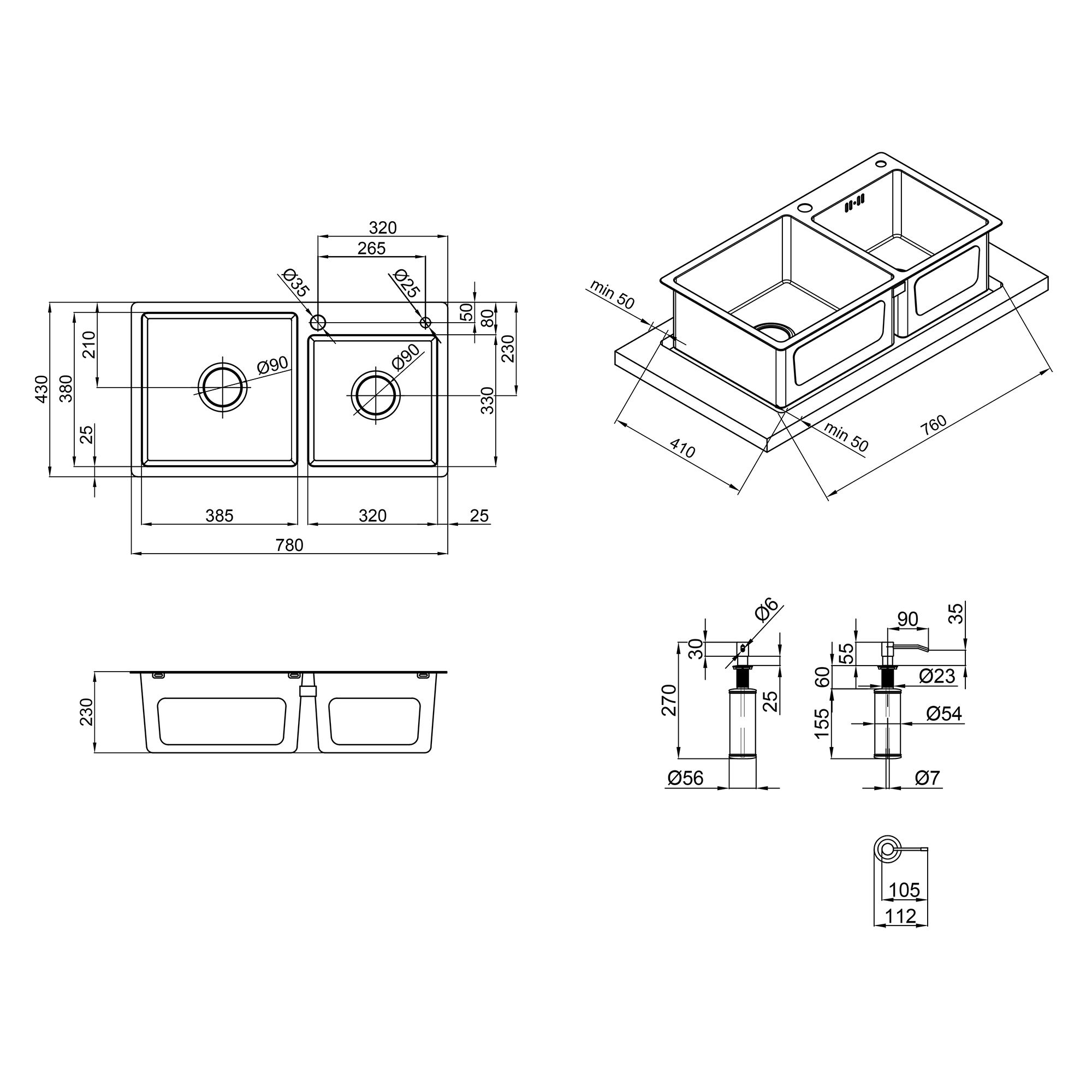 Мийка для кухні з двома чашами інтегрована Lidz Handmade H7843 (LDH7843BRU35387) Brushed Steel 3,0/1,0 мм