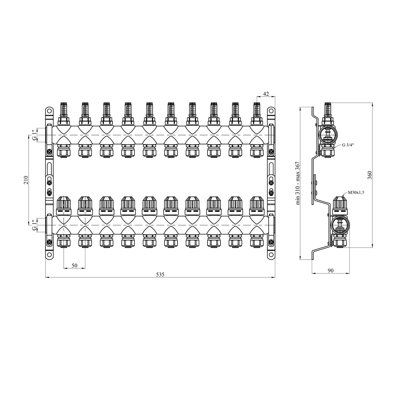 Колектор в зборі STA "Classic" на 10 виходів G1" з євроконусами, нержавіюча сталь