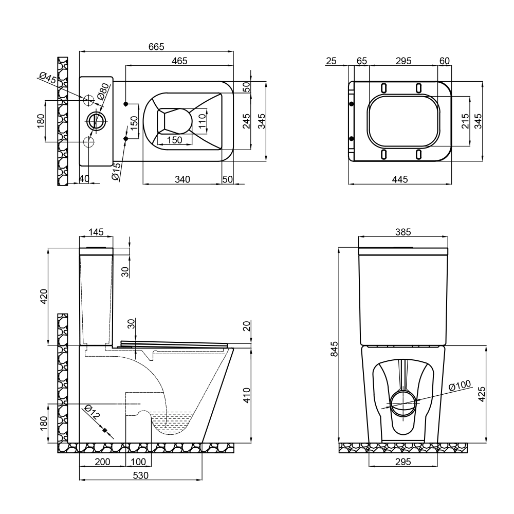 Чаша унітазу-компакту без сидіння MIXXUS PREMIUM QUADRO-0402-R BOWL 425x390x675 система змиву RIMLESS (MI8340)