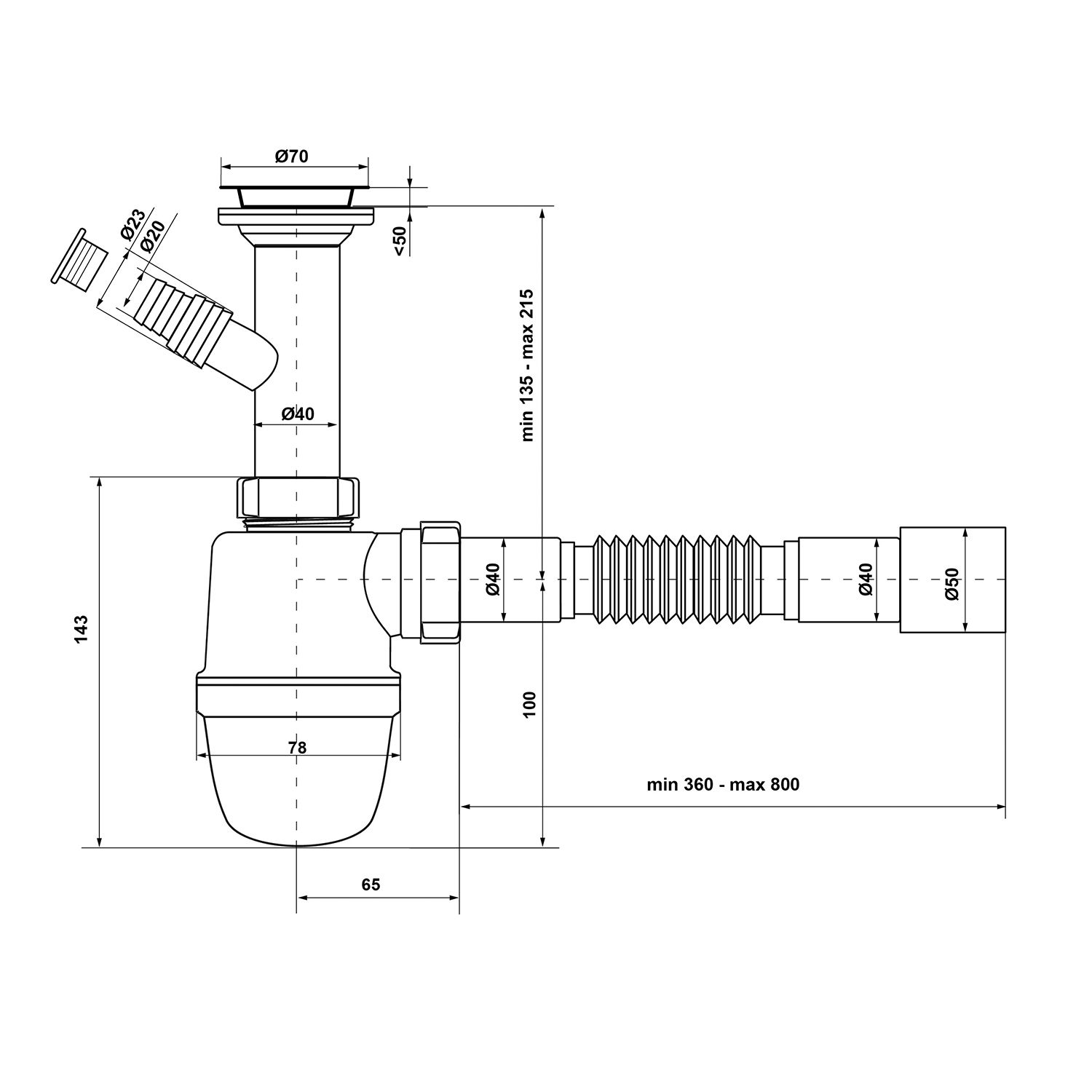 Сифон для раковини KronoPlast 1 1/2''х40 мм з литим випуском і відведенням для пральної машини SY13000043 (У1550)