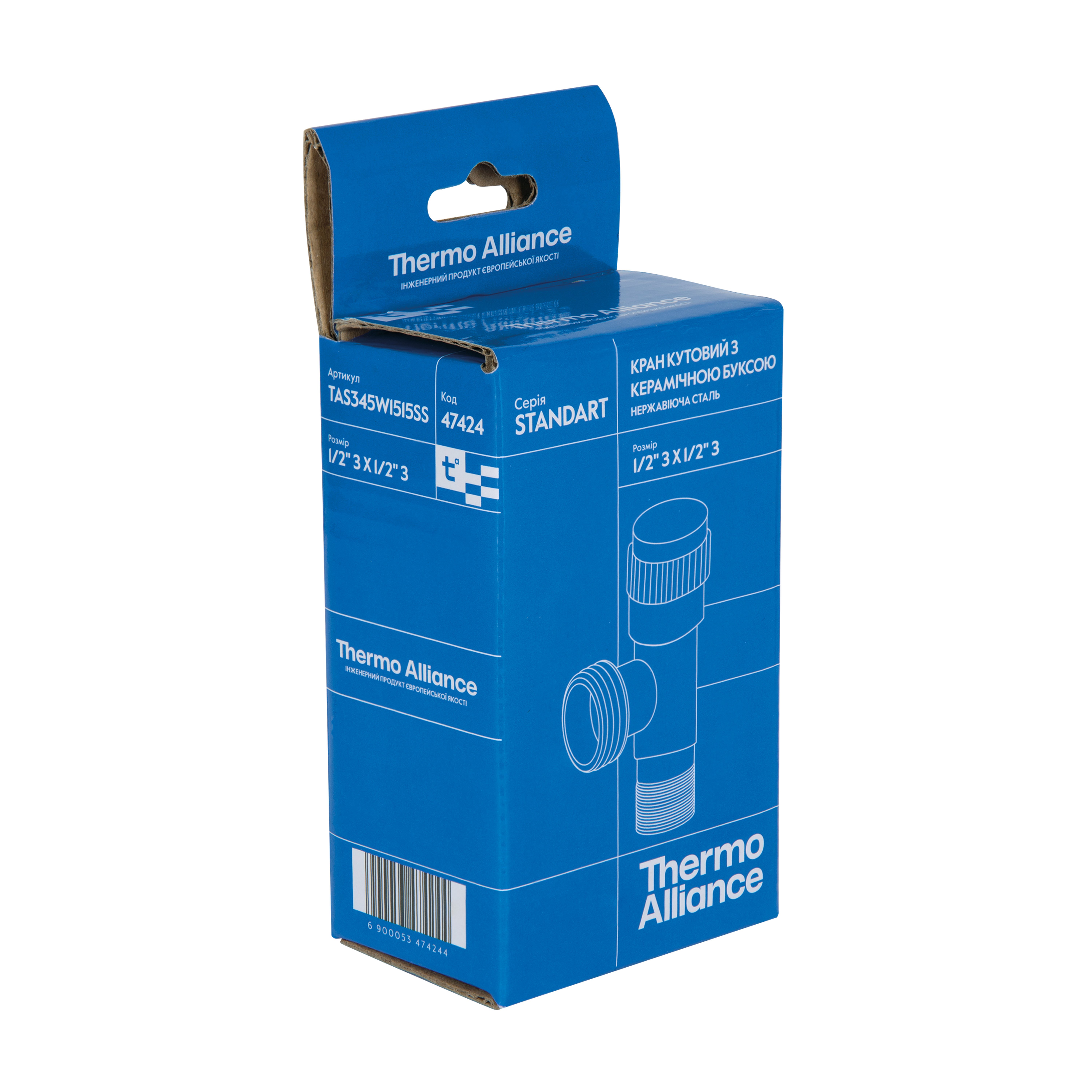 Кран кутовий Thermo Alliance Standart 1/2"ЗЗ нерж., з керам. буксою TAS345W1515SS