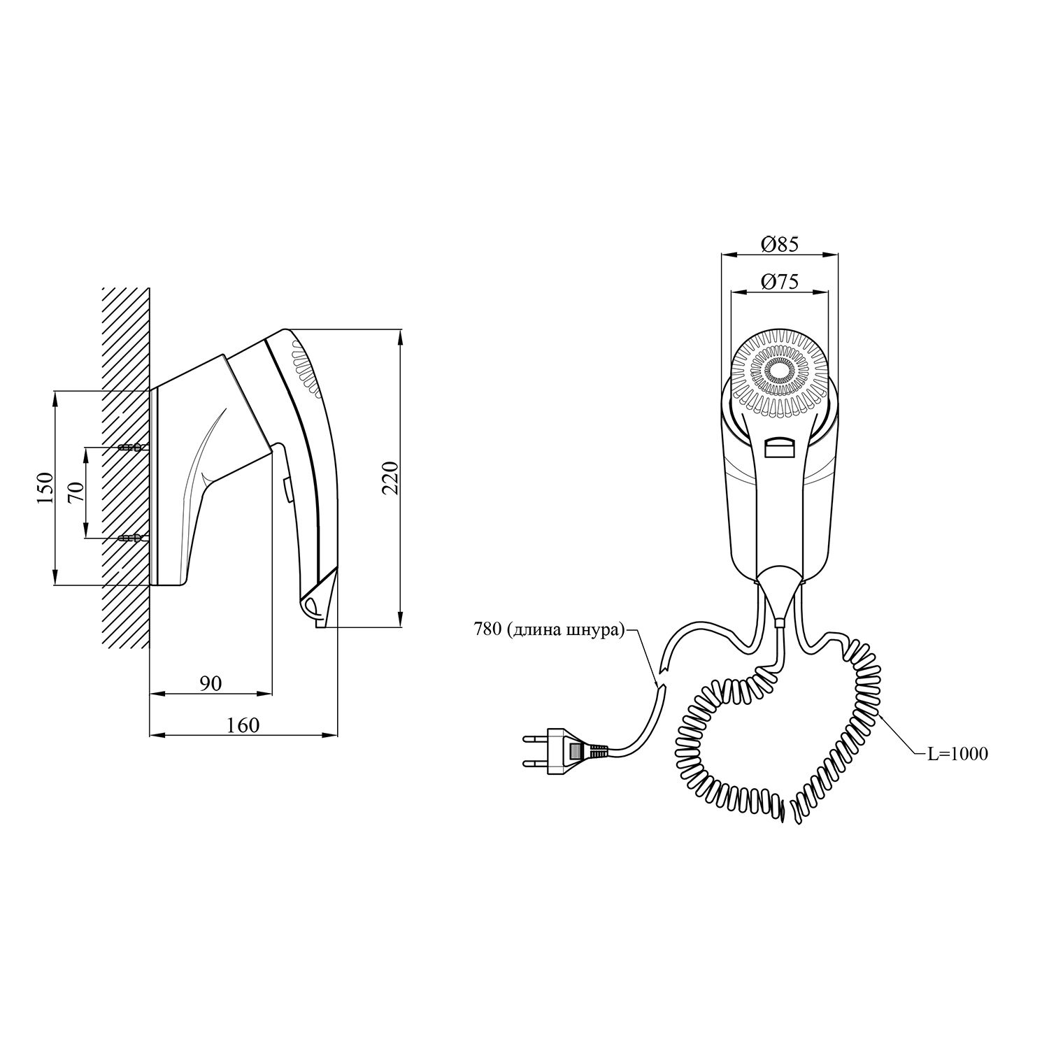 Фен настінний 1300W Kroner KRM UlM - ACP0901