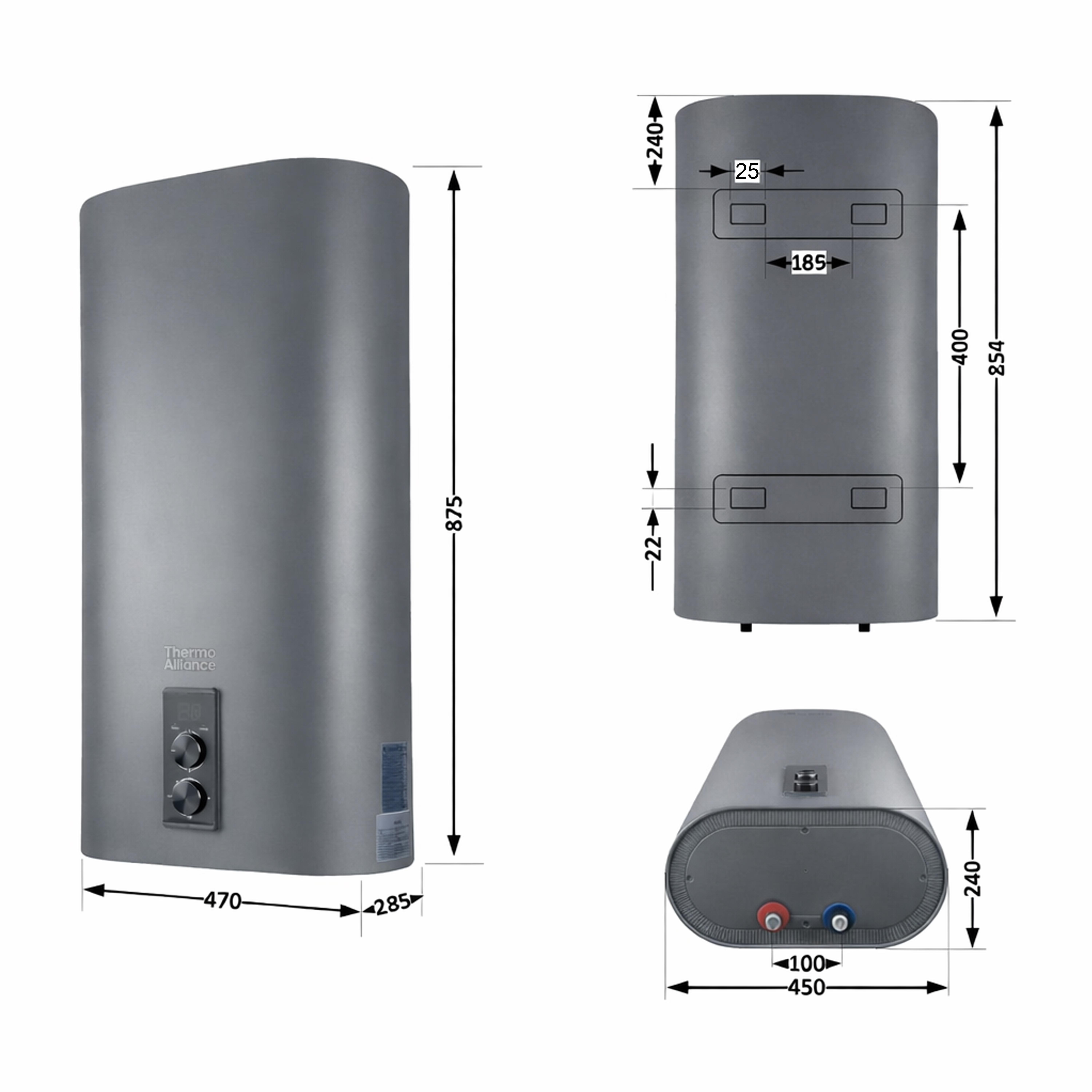 Водонагрівач електричний Thermo Alliance 50 л Grey, плоский вертикальний, мокрий ТЕН 2 кВт (0,8+1,2) DT50V20G(PD)/2G