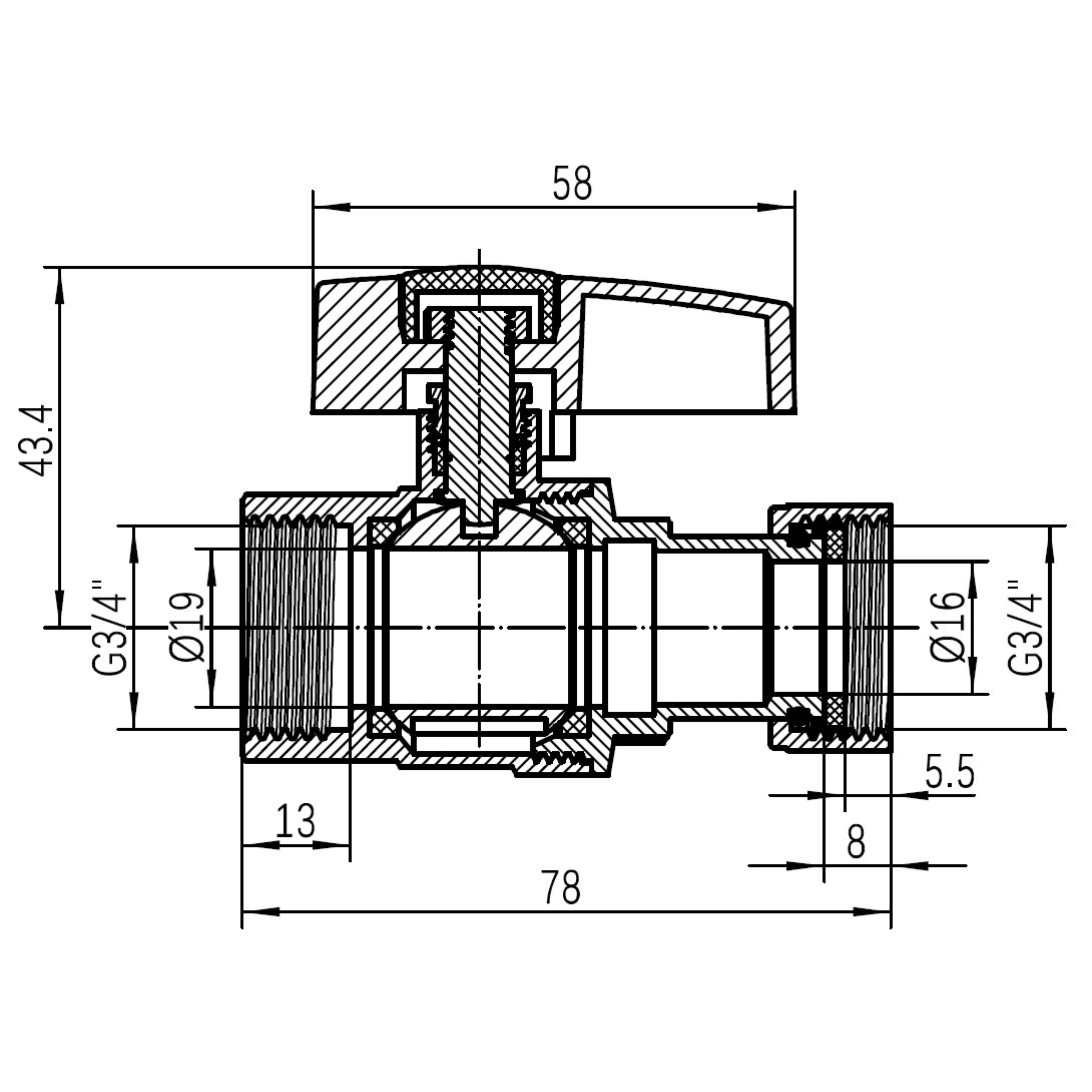 Кран кульовий Thermo Alliance Standart 3/4"ВВ прямий, PN40,з накидною гайкою TAS260W20