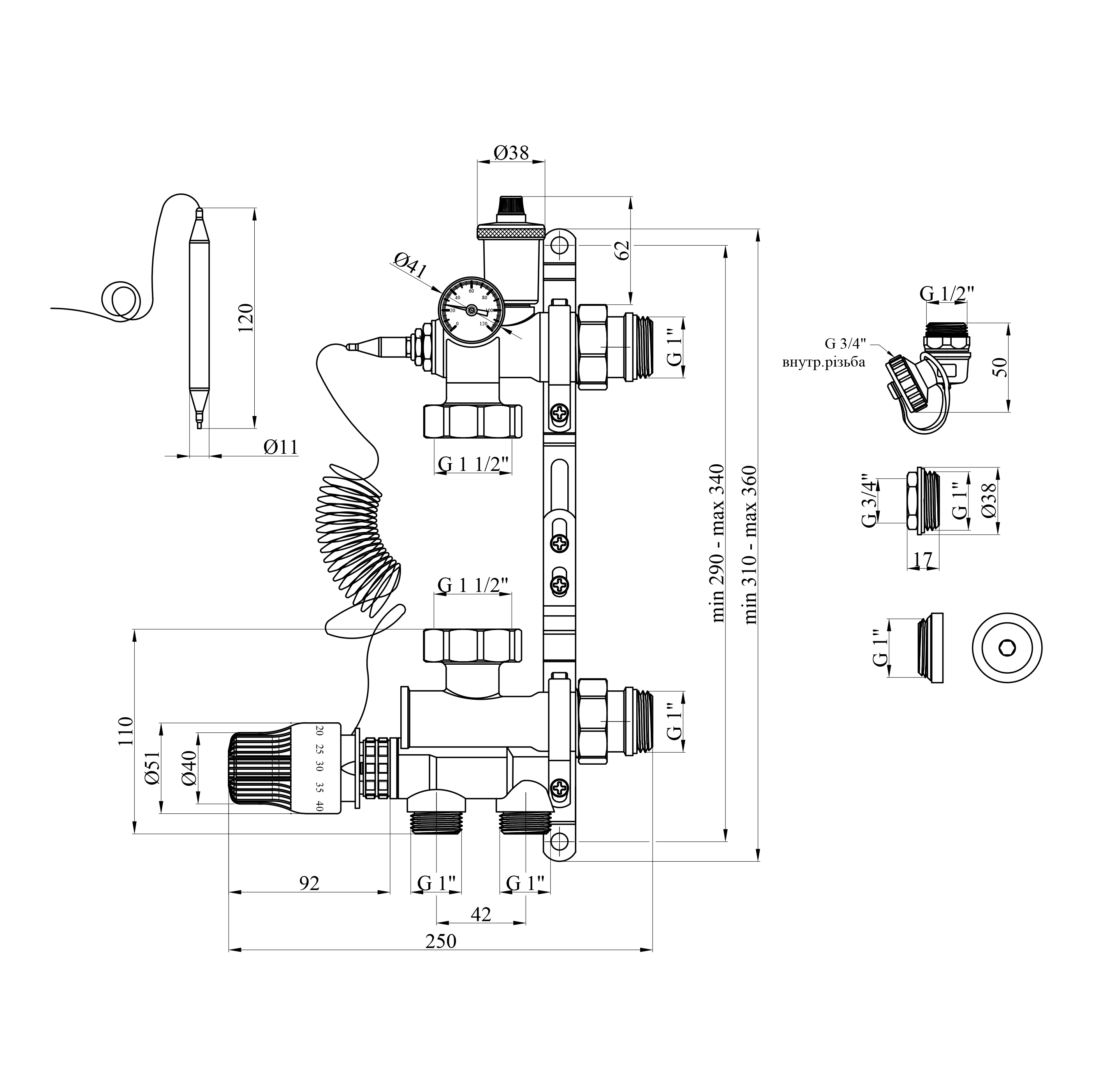 Змішувальний вузол для колектора в зборі з нижнім підключенням STA 1", нікельований