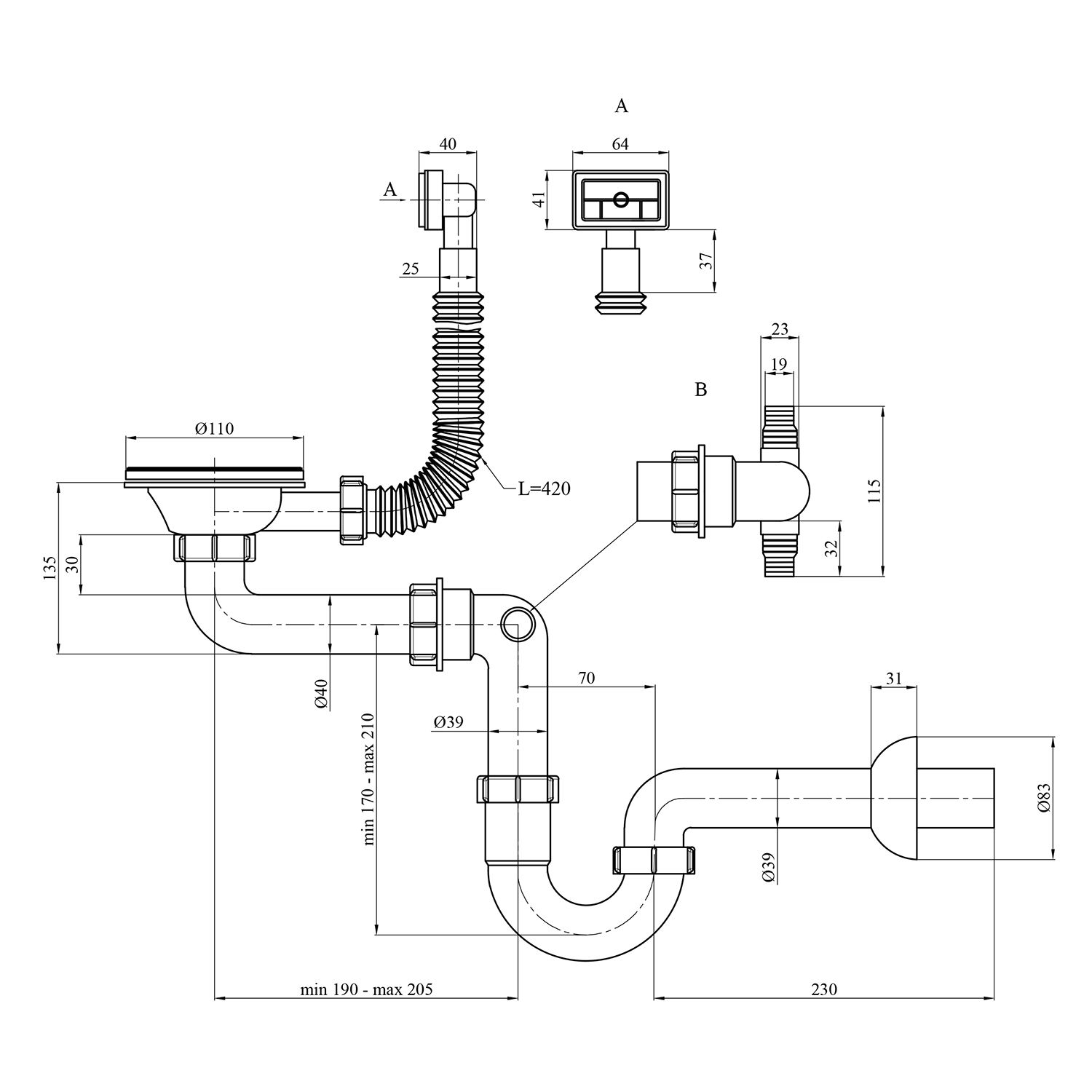 Сифон для кухонної мийки Kroner KRP Siphon - 010 3 1/2"х40 мм
