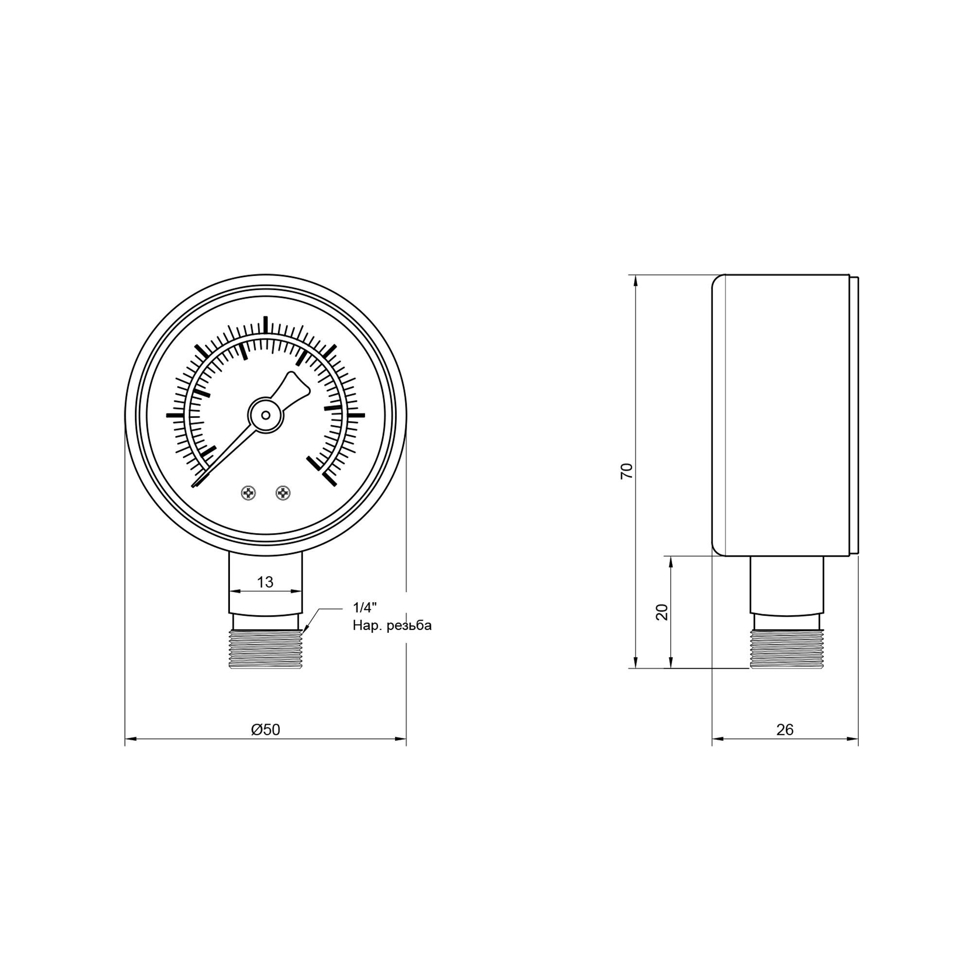 Манометр Thermo Alliance Standart 50 мм 1/4", нижнє підмикання SD1706B