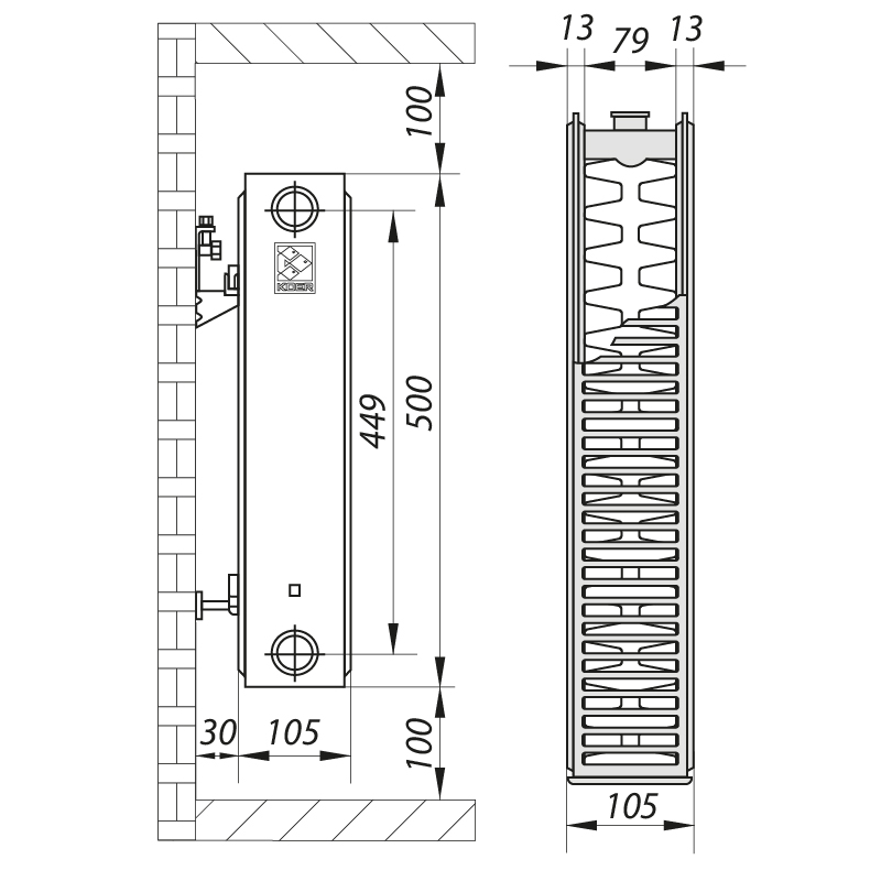 Сталевий радіатор KOER 22x500x1500S (2895 Вт, 36,73 кг, бокове підключення) (RAD063)
