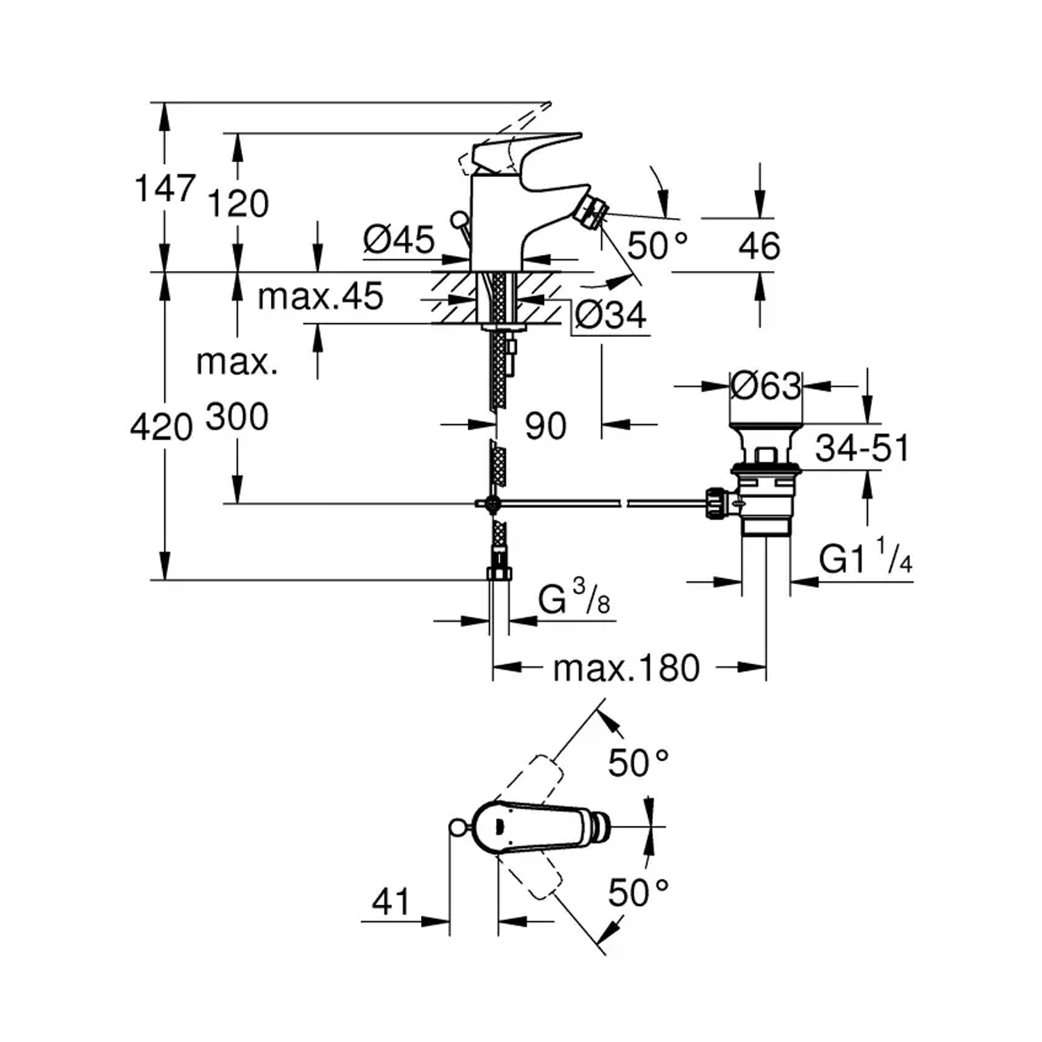 Змішувач для біде Grohe Start Flow 23770000 з донним клапаном