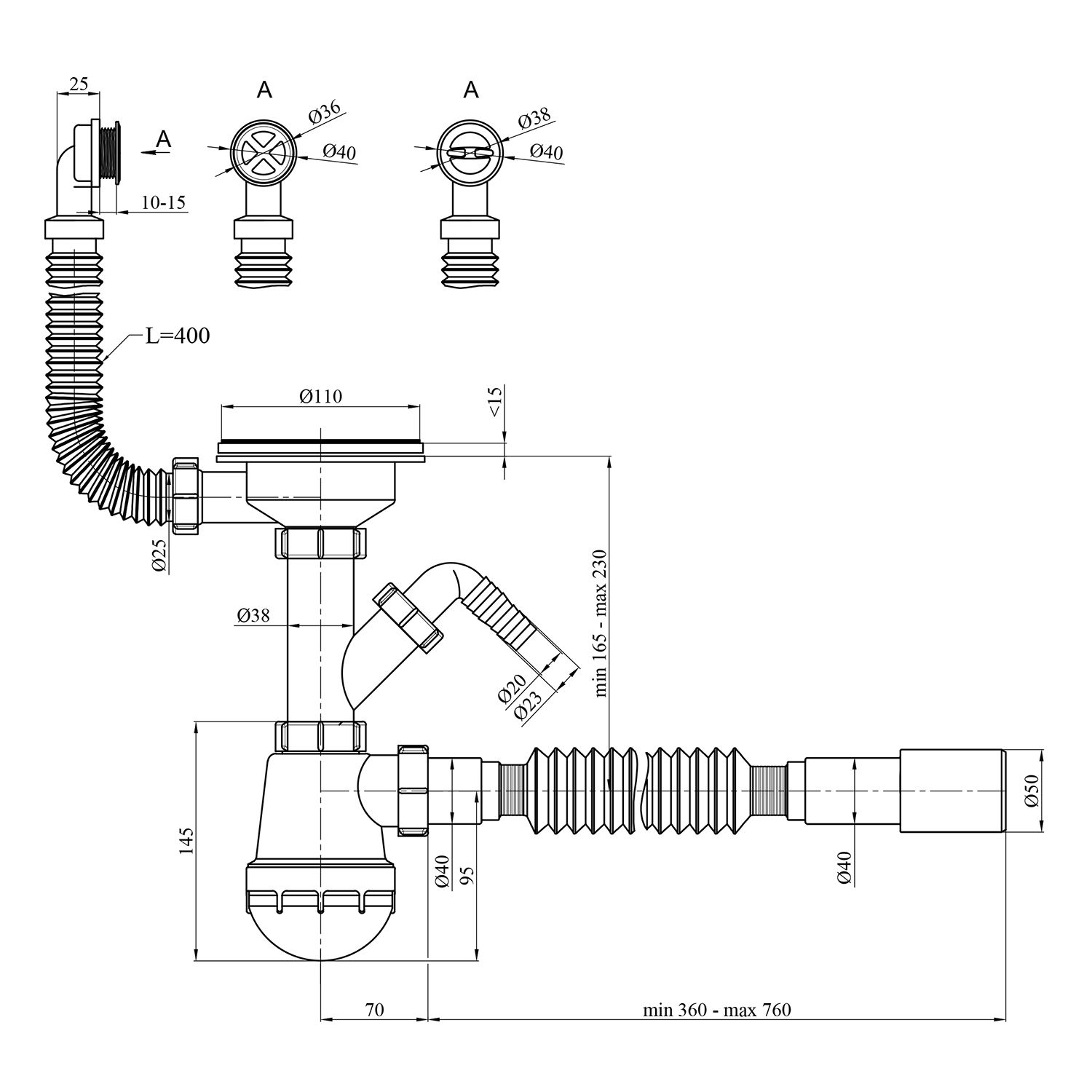 Сифон для кухонної мийки Kroner KRP KS02R-1BLK 3 1/2"х40/50 мм з відводом для пральної машини, з круглим переливом