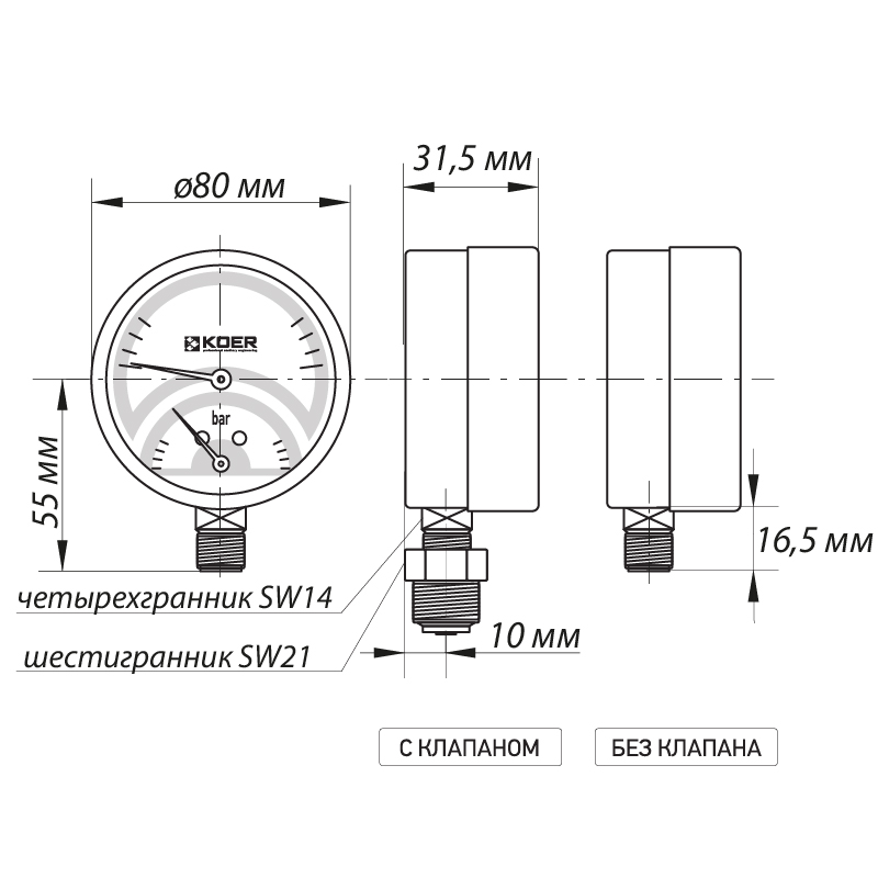 Термо-манометр радіальний (KOER KM.821R) (0-4 bar), D 80мм, 1/4''-1/2'' (KR0213)
