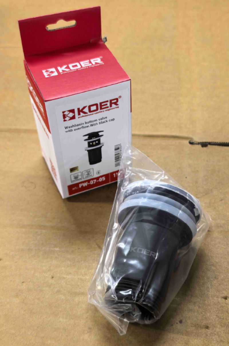 Донний клапан для раковини з переливом KOER PW-07-05 автоматичний (Click-Clack) (Колір чорний) 1 1/4'' (KR5785)