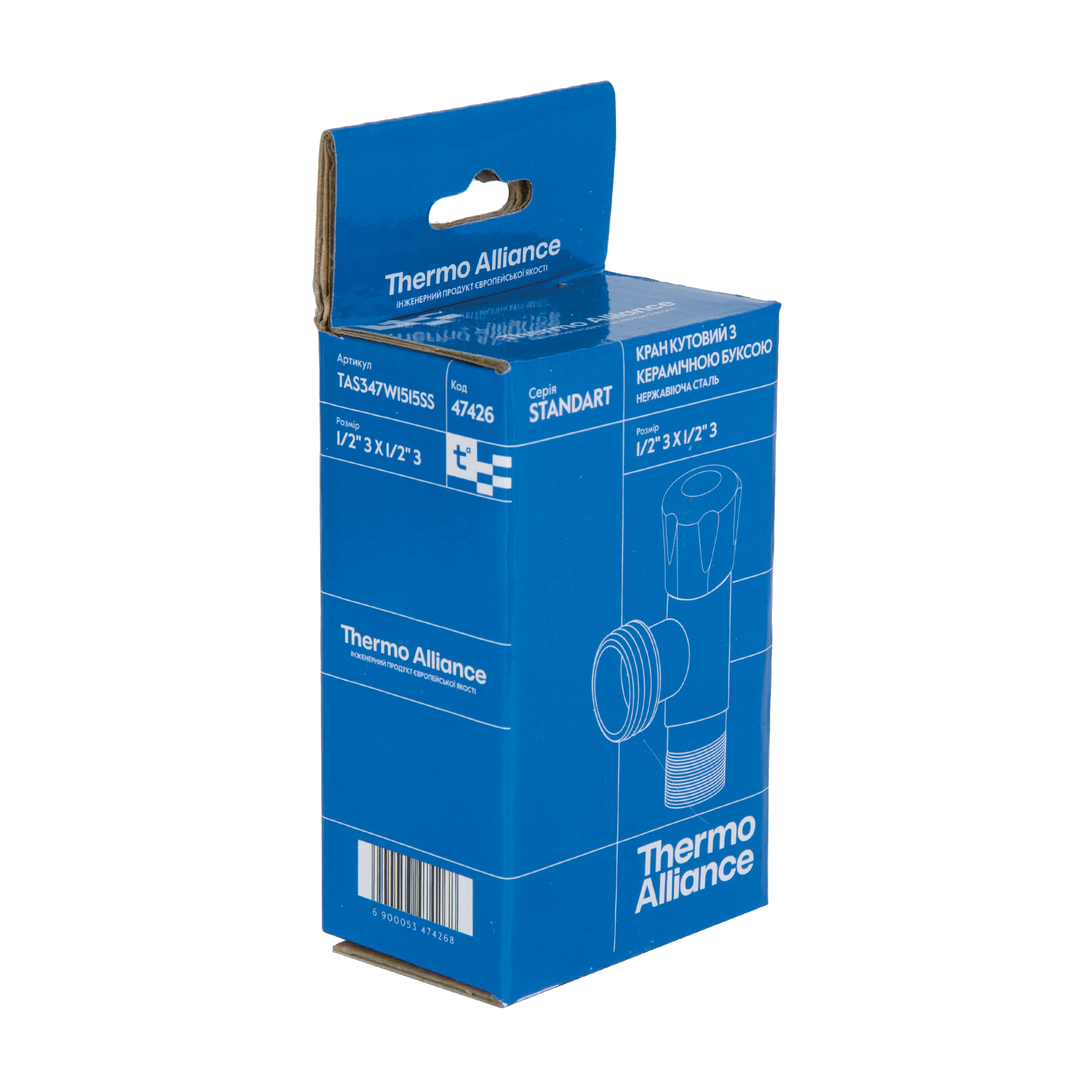 Кран кутовий Thermo Alliance Standart 1/2"ЗЗ нерж., з керам. буксою TAS347W1515SS