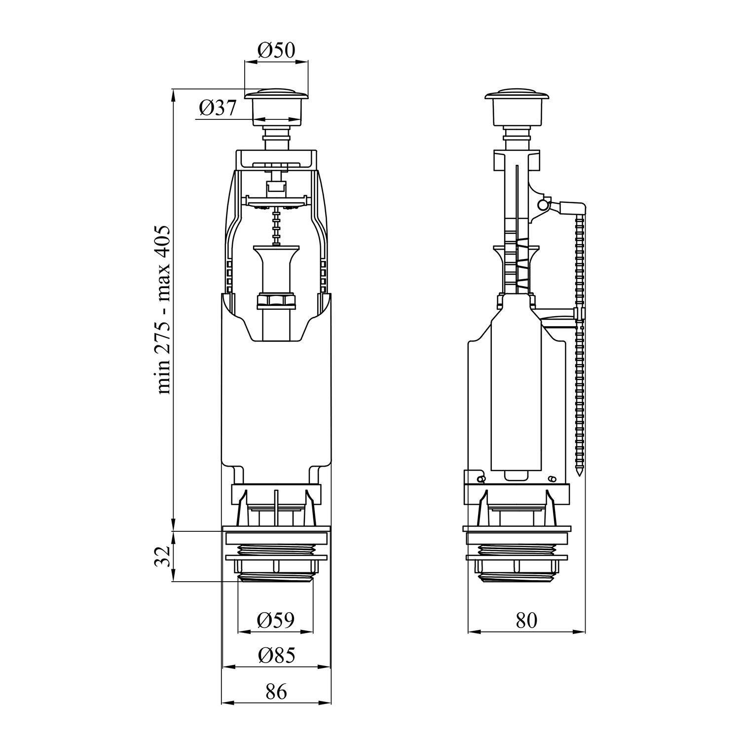 Зливний клапан для бачка унітаза Kroner KRP - SB68 з одинарною кнопкою