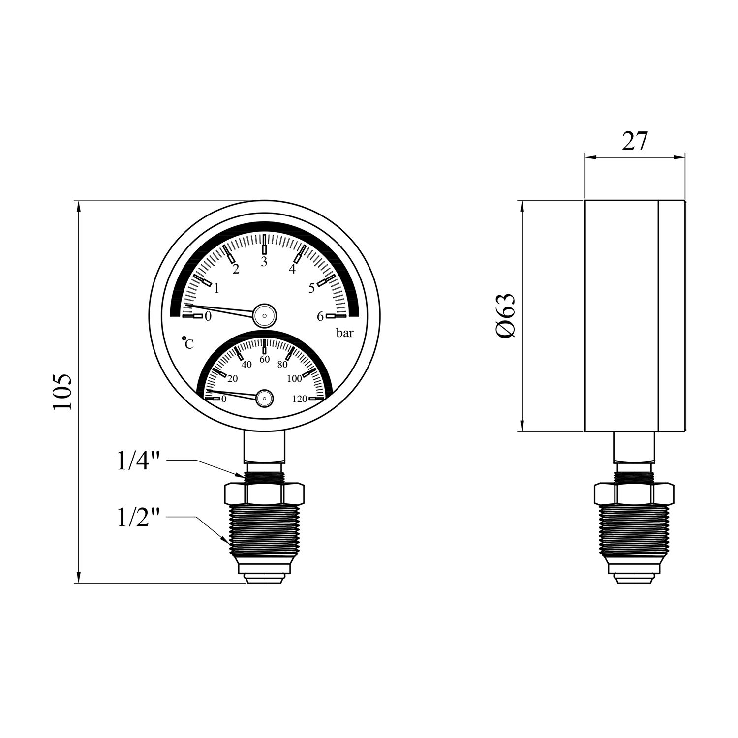 Термоманометр Karro 1/2"х1/4" вертикальний 63 мм KR-1086А