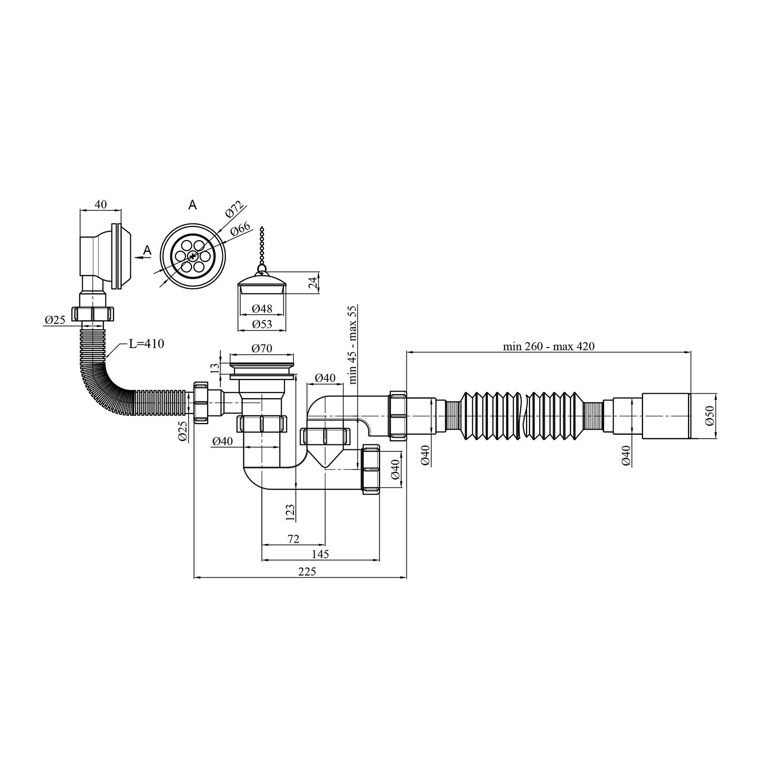 Сифон для ванни Kroner KRP - BS03 1 1/2"х40/50 мм з переливом та ревізією