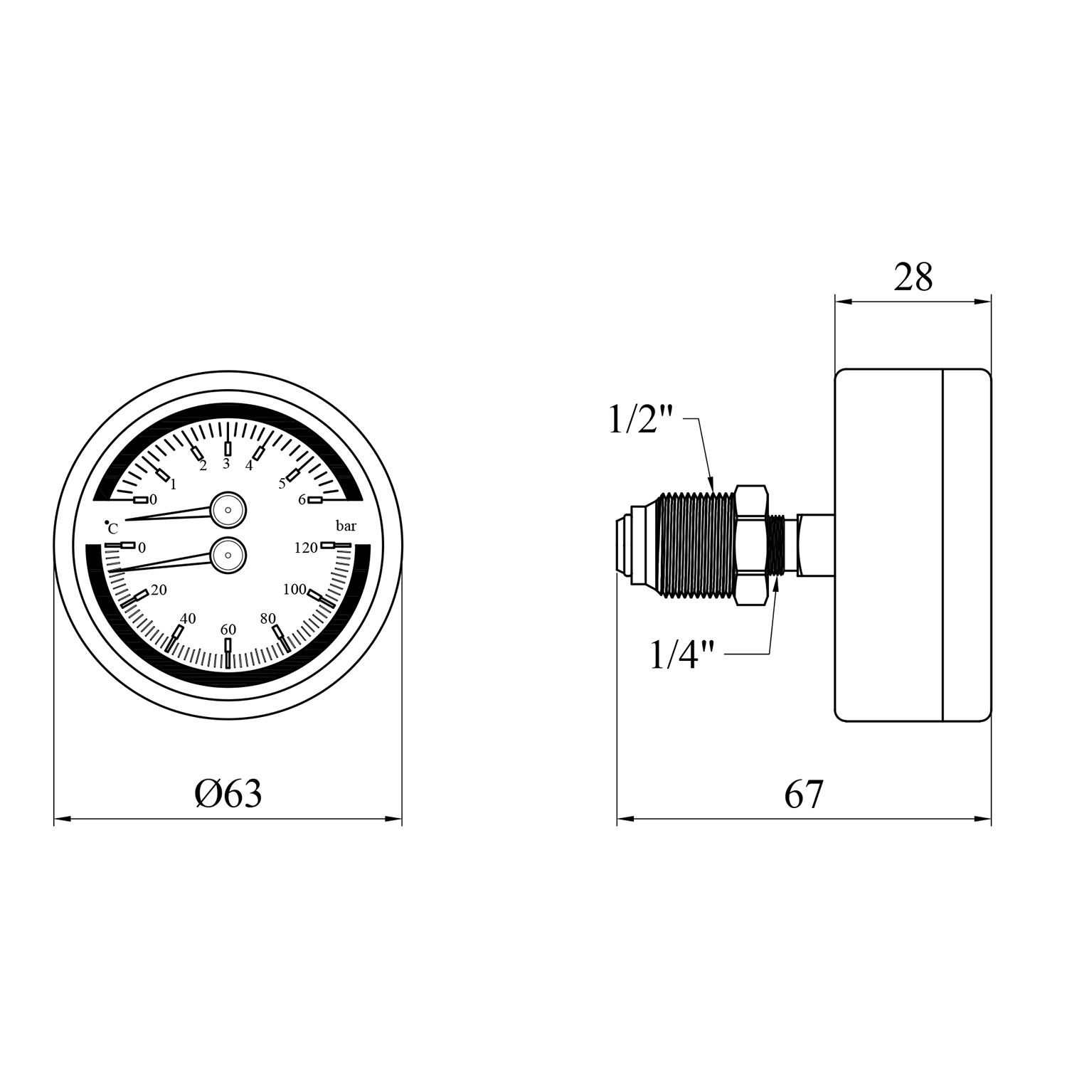 Термоманометр Karro 1/2"х1/4" 63 мм горизонтальний KR-1086В