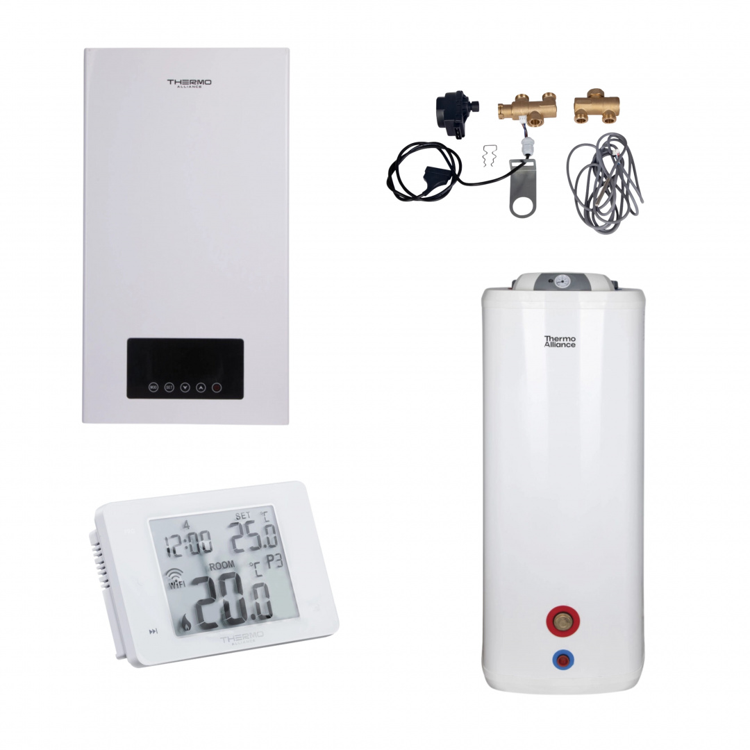 Комплексне рішення Thermo Alliance для котельні: електричний котел 6 кВт + комплект підключення бойлера + комбінований підлоговий водонагрівач 100 л