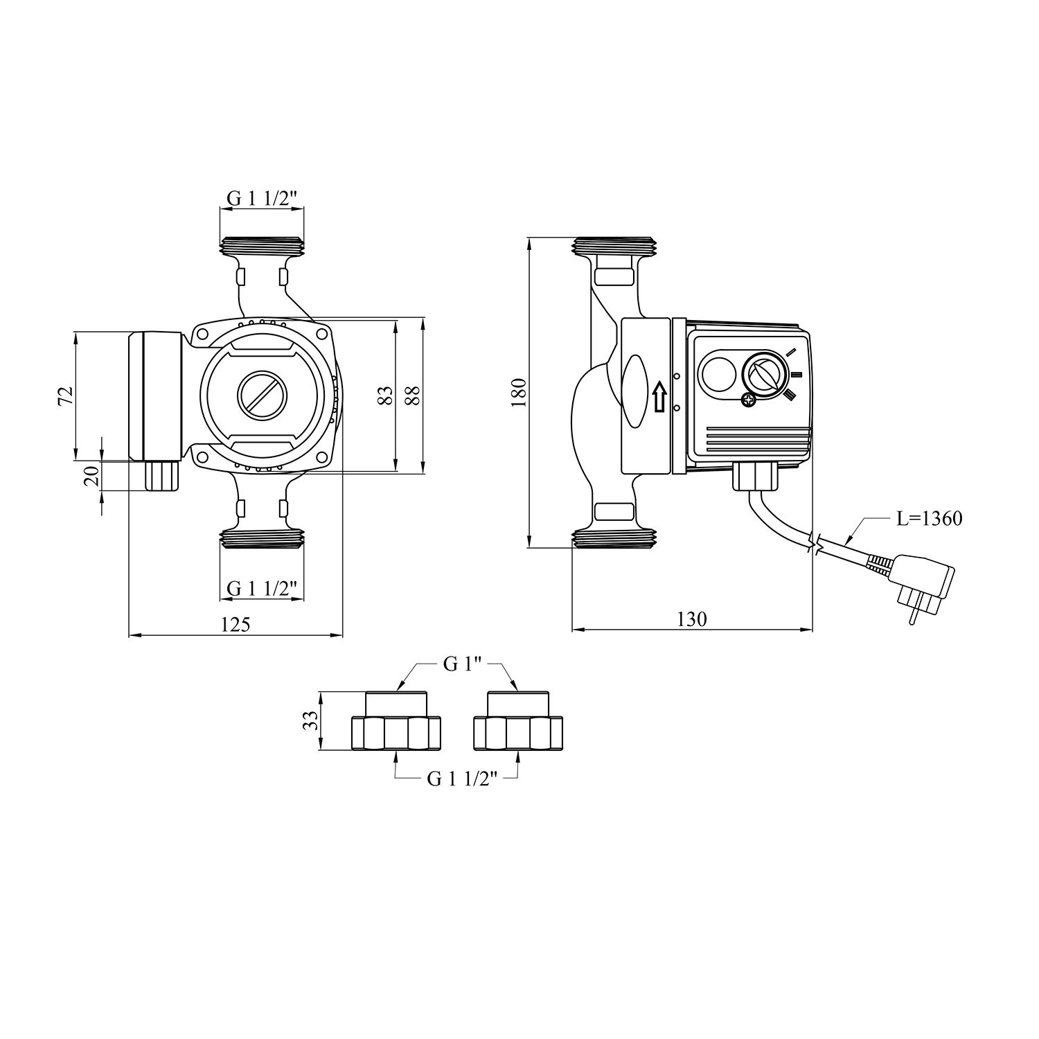 Насос циркуляційний Pumpman GRS25/80/180 Нmax 8 м Qmax 6 куб.м 100 Вт з гайками
