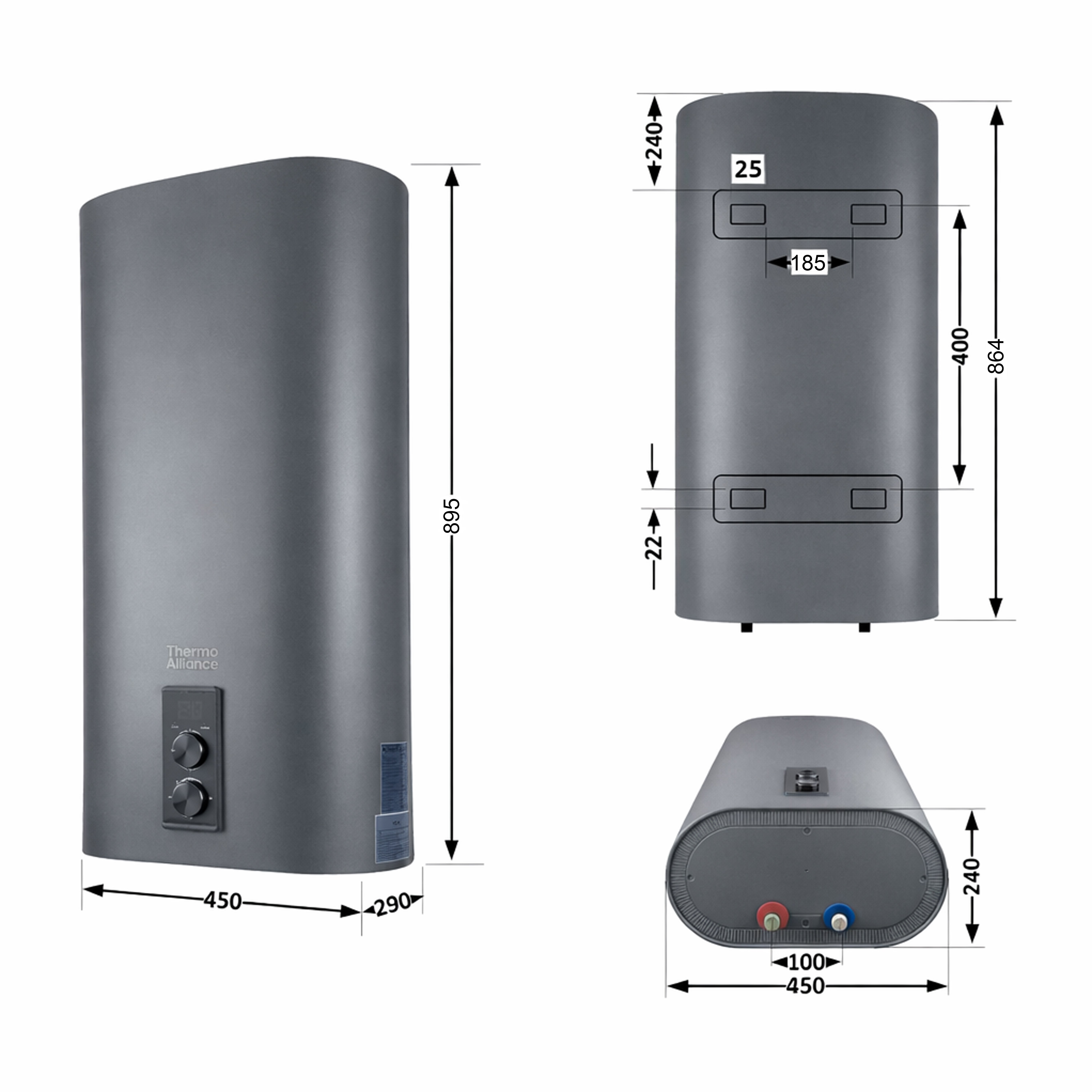 Водонагрівач електричний Thermo Alliance 50 л, Grey, плоский вертикальний, сухий ТЕН 2 кВт (0,8+1,2) DT50V20GPDD2G