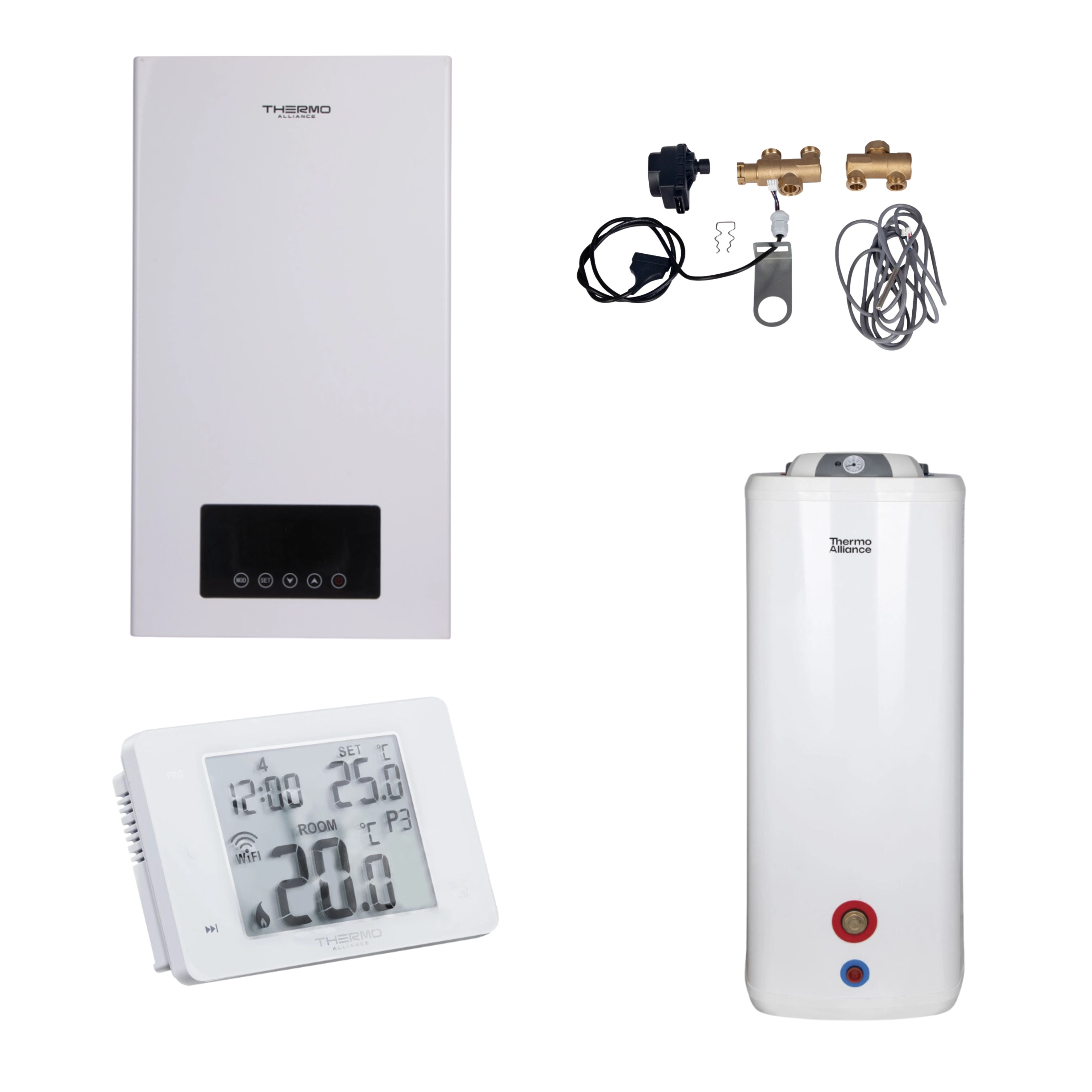 Комплексне рішення Thermo Alliance для котельні: електричний котел 10 кВт + комплект підключення бойлера + комбінований підлоговий водонагрівач 100 л