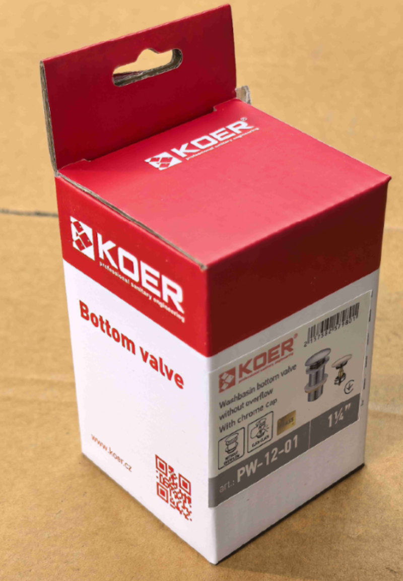 Донний клапан для раковини без переливу KOER PW-12-01 автоматичний (Click-Clack) (Колір хром) 1 1/4'' (KR5798)